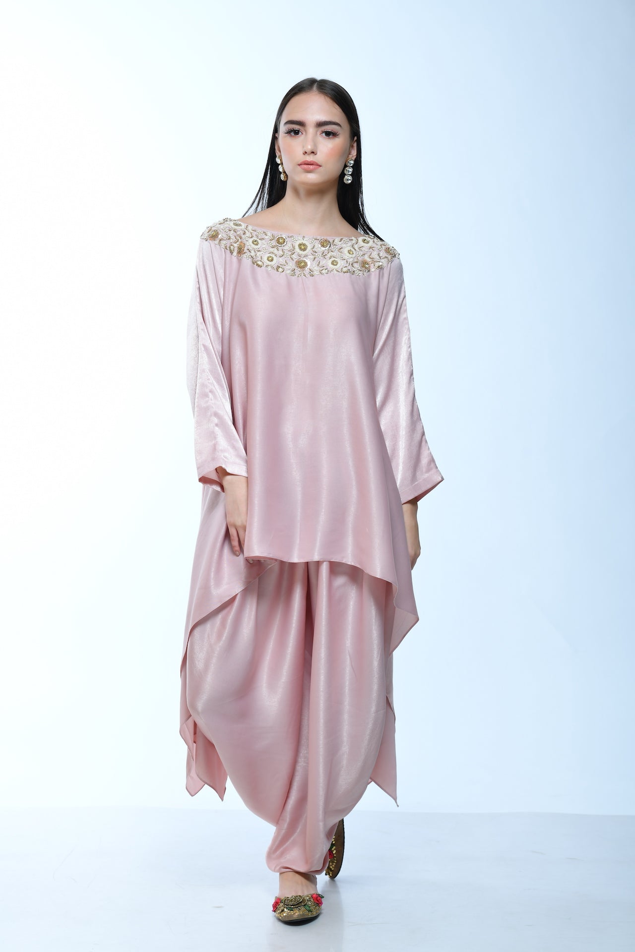 Powder Pink Dhoti And Cape Set - kylee