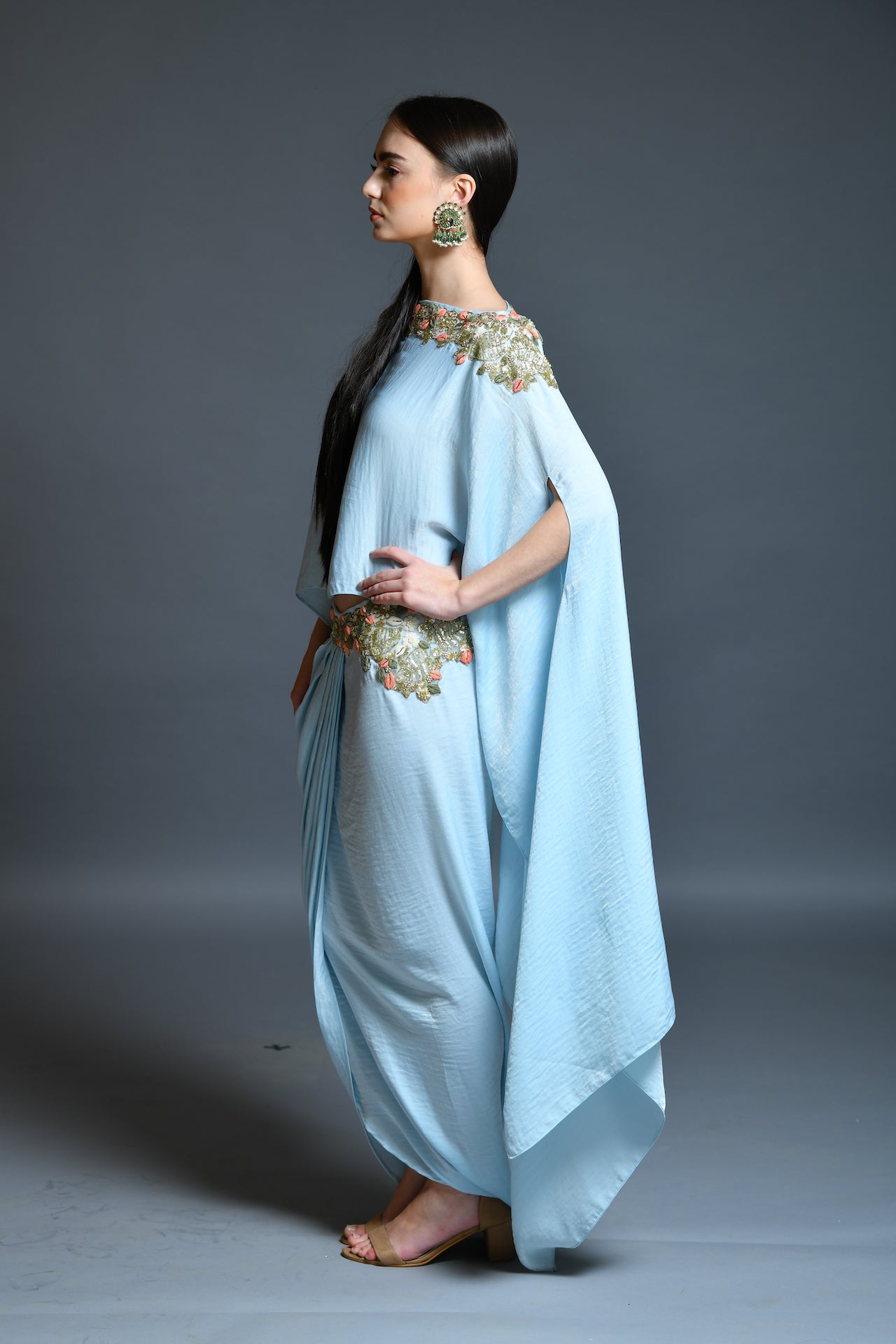 Powder Blue Dhoti Drape Skirt And Cape Set - kylee