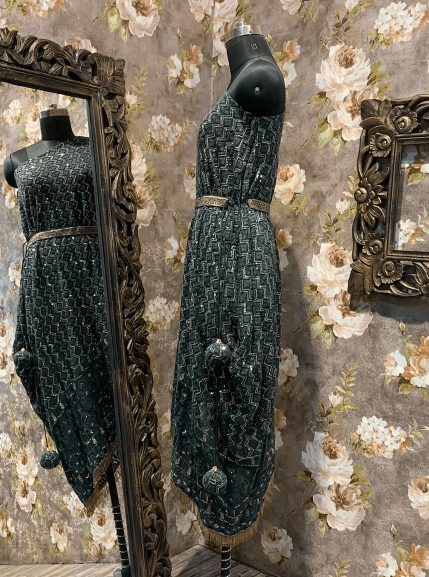 Chikankari One Shoulder Off Tunic Dress, Bottle Green - kylee