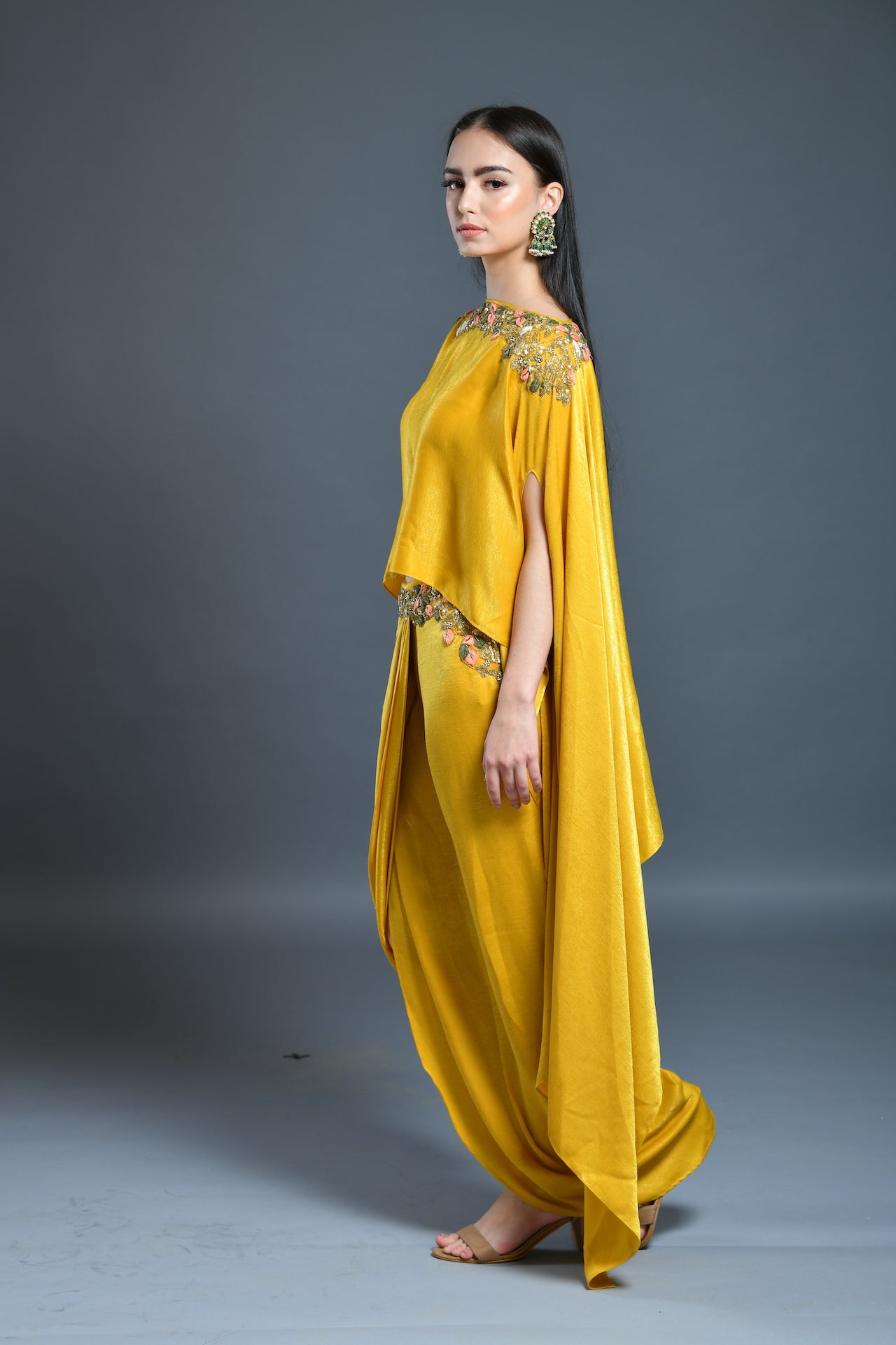 Mustard Yellow Dhoti Drape Skirt And Cape Set - kylee