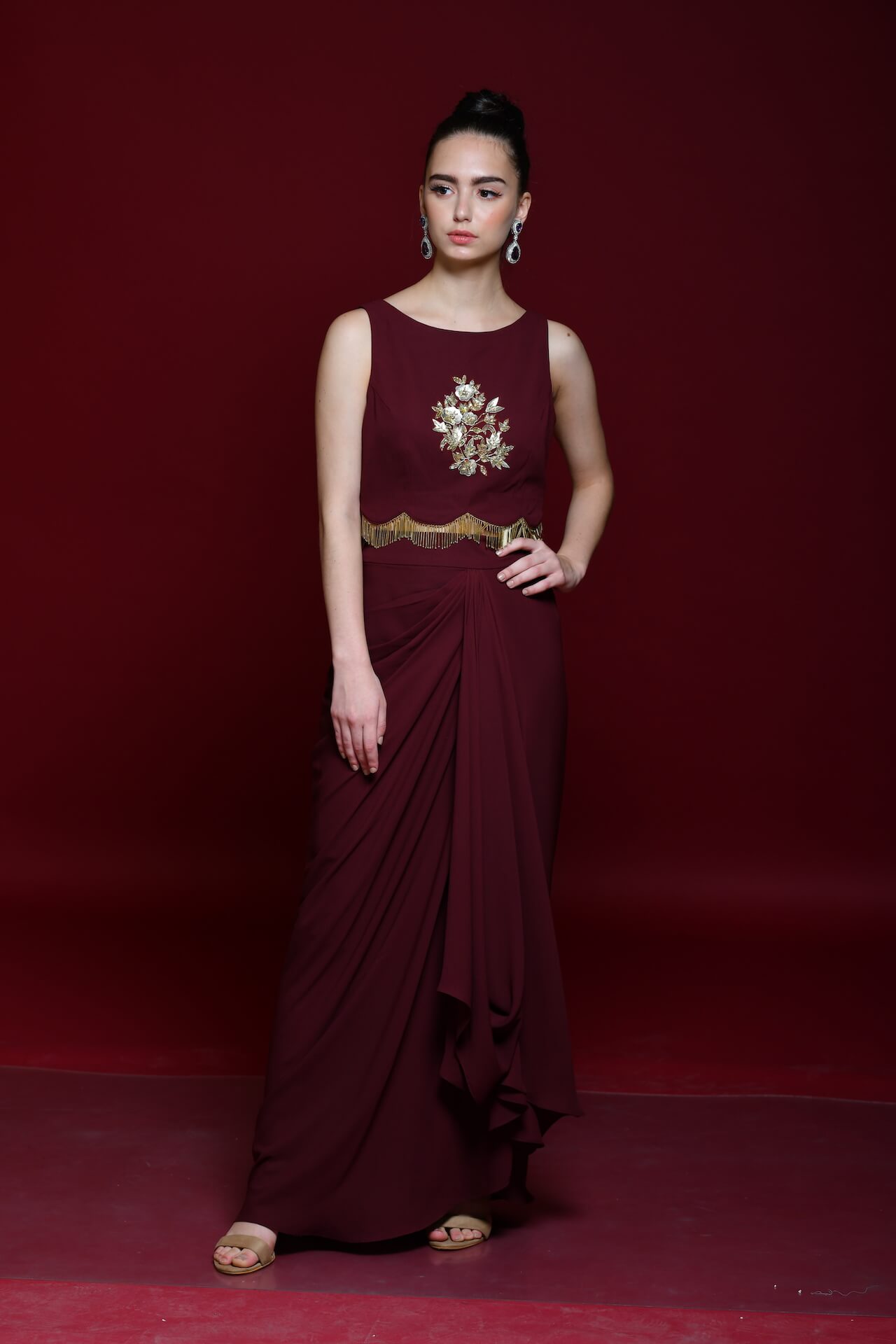 Maroon Satin Drape Skirt And Crop-Top - kylee