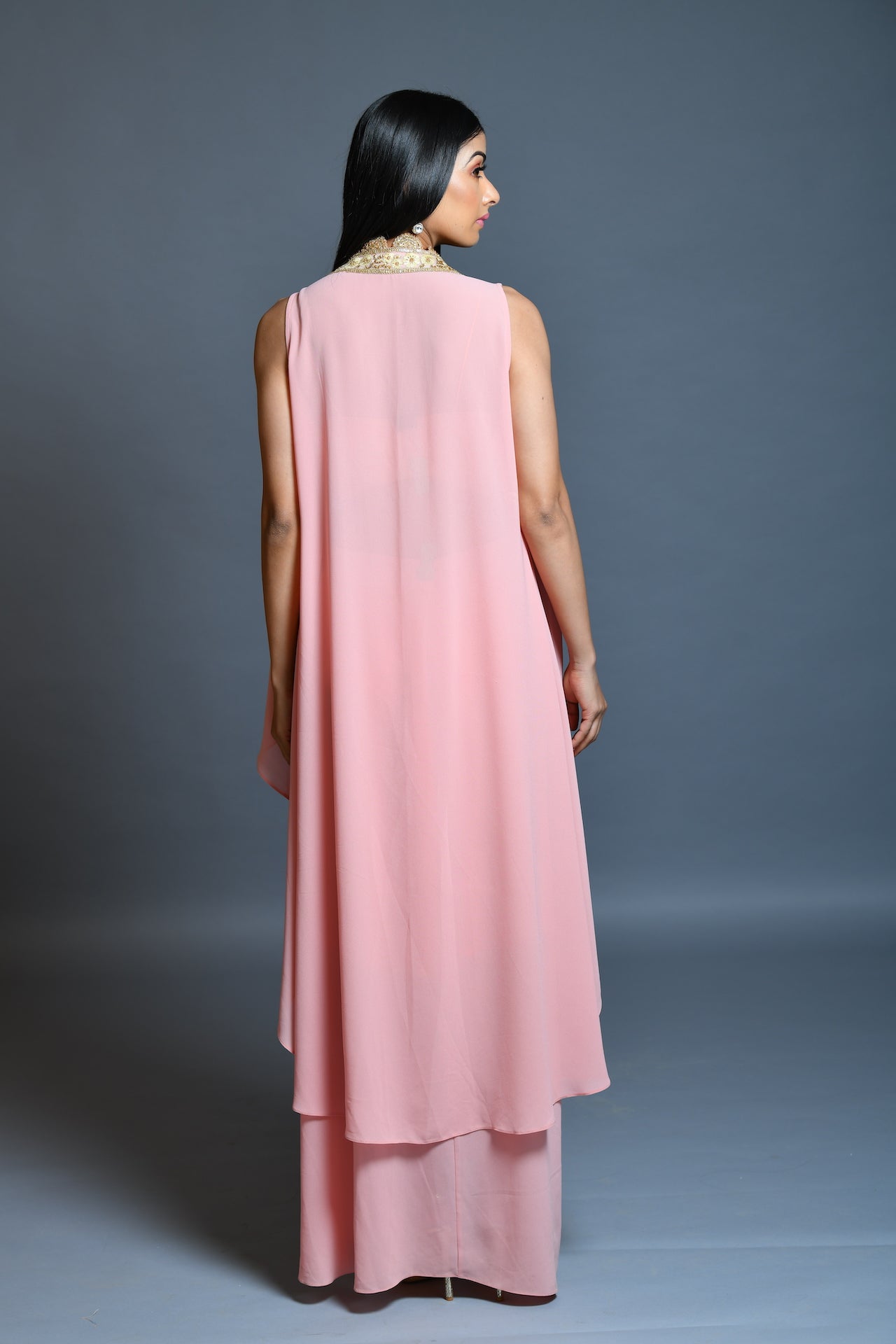 Salmon Pink Drape Skirt And Cape Set - kylee