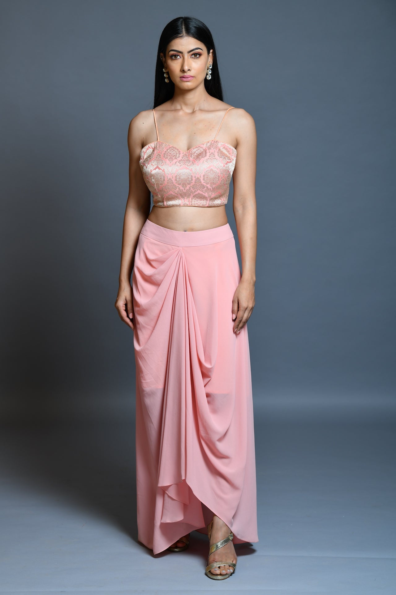 Salmon Pink Drape Skirt And Cape Set - kylee