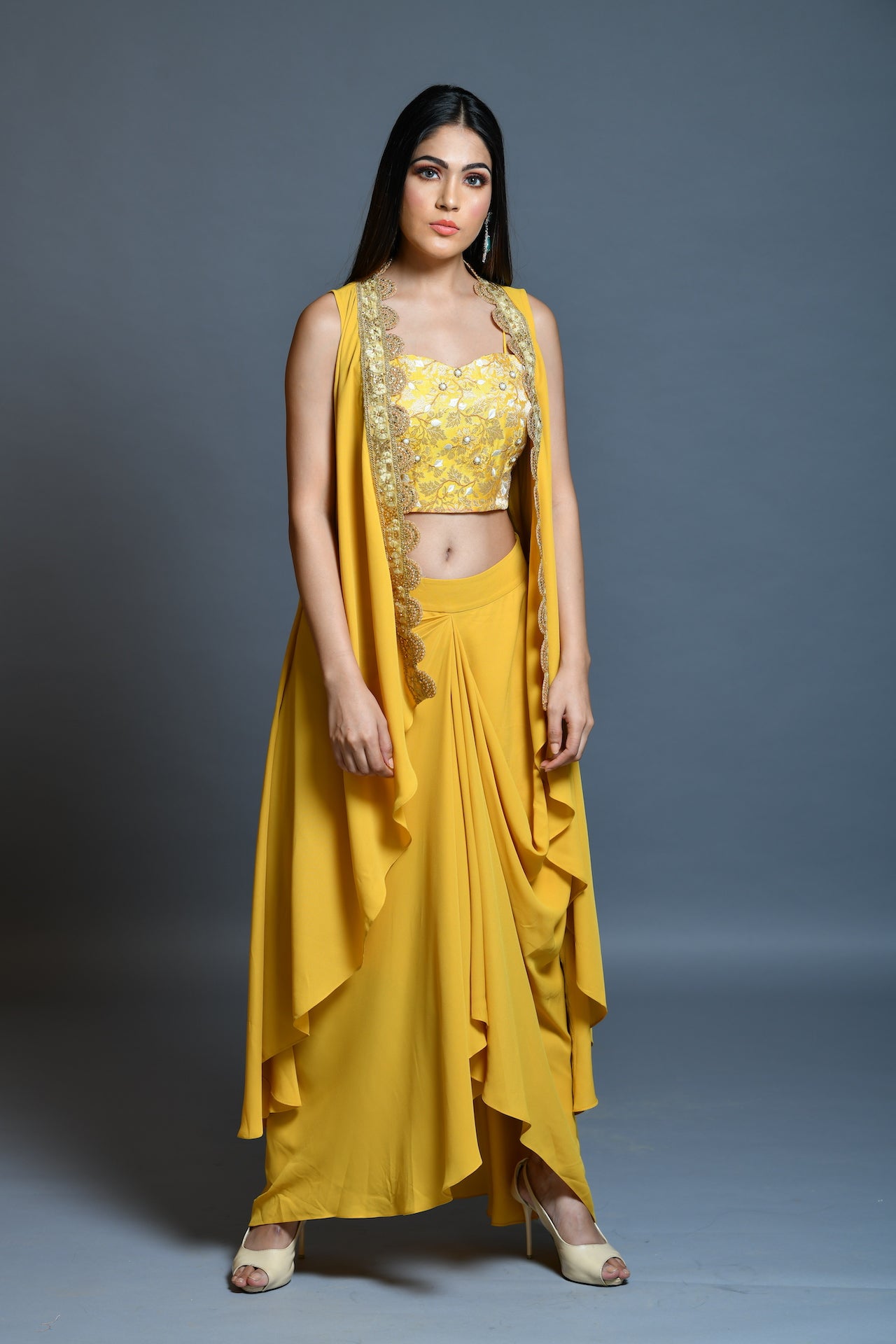 Mustard Yellow Drape Skirt And Cape Set - kylee