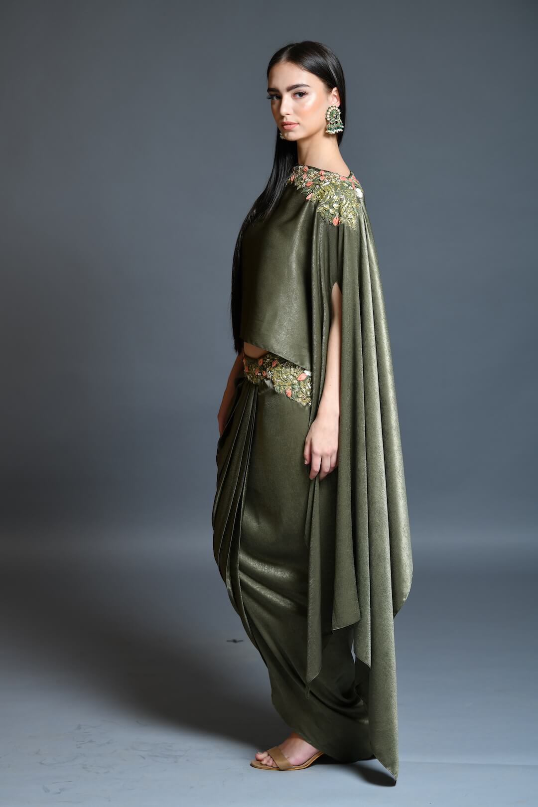 Olive Green Dhoti Drape Skirt And Cape Set - kylee