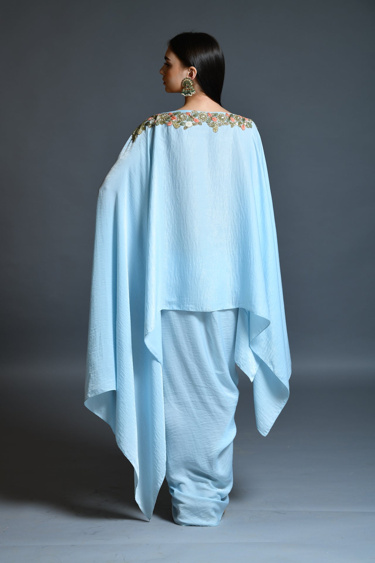 Powder Blue Dhoti Drape Skirt And Cape Set - kylee