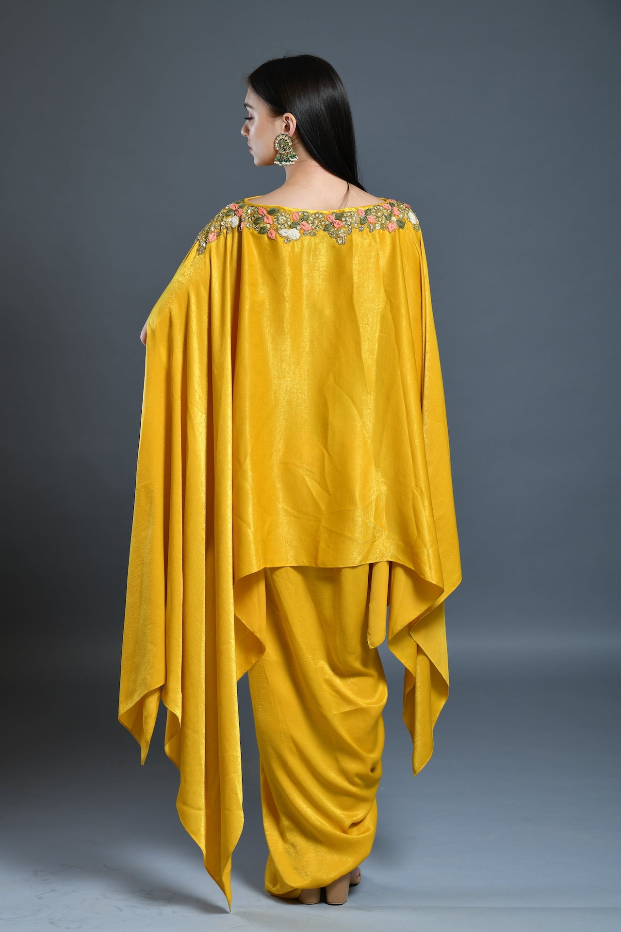 Mustard Yellow Dhoti Drape Skirt And Cape Set - kylee