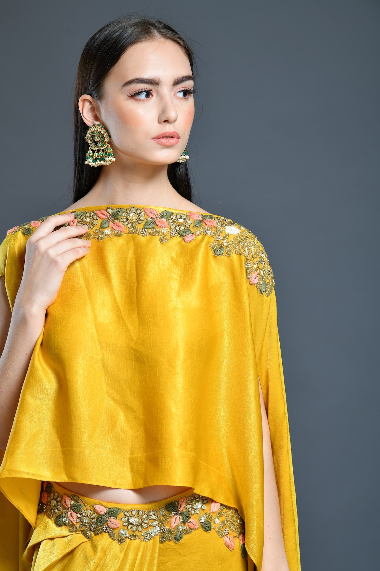 Mustard Yellow Dhoti Drape Skirt And Cape Set - kylee