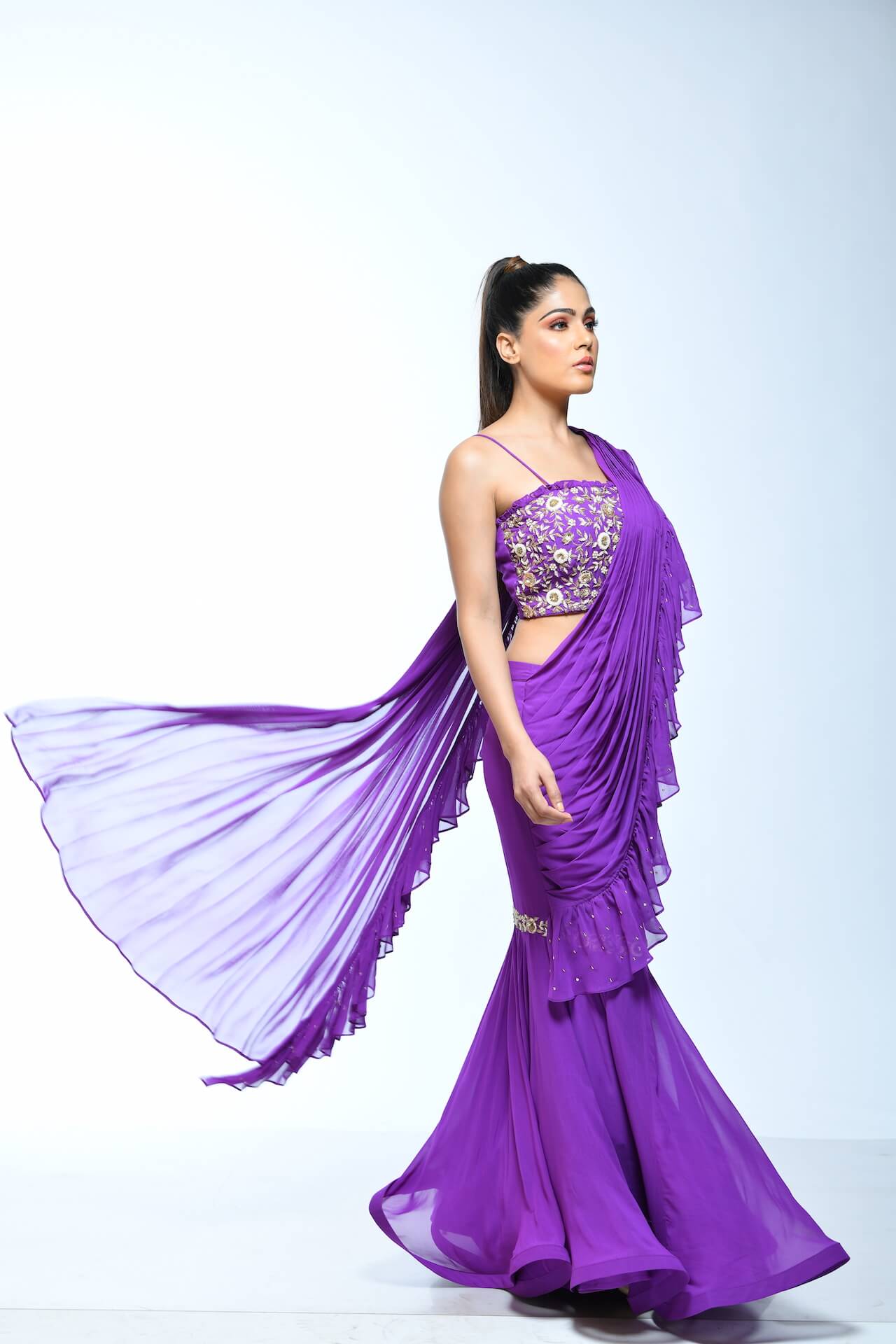 Purple Draped Saree With Embellished Blouse - kylee