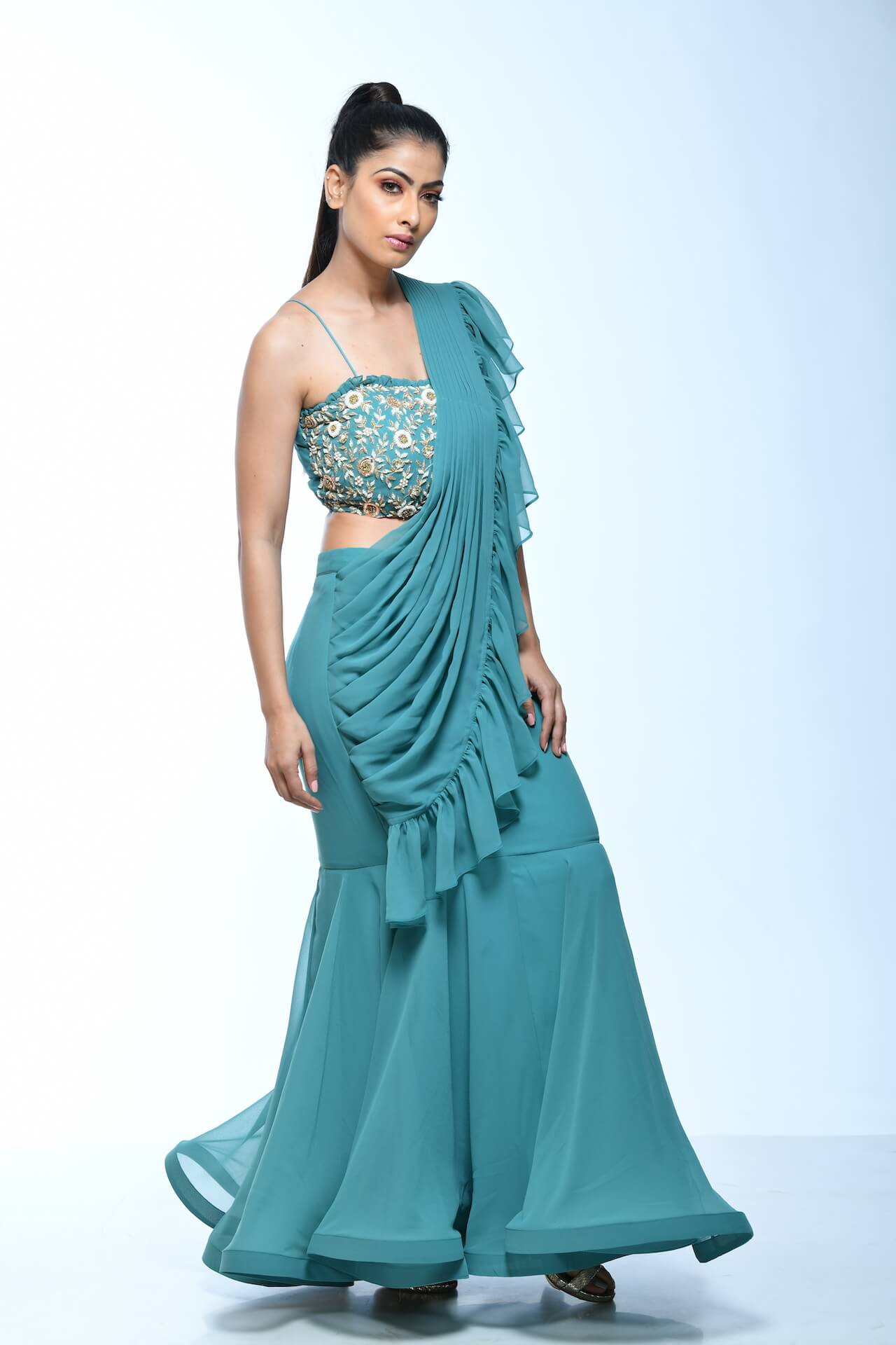 Teal Draped Saree With Embellished Blouse - kylee
