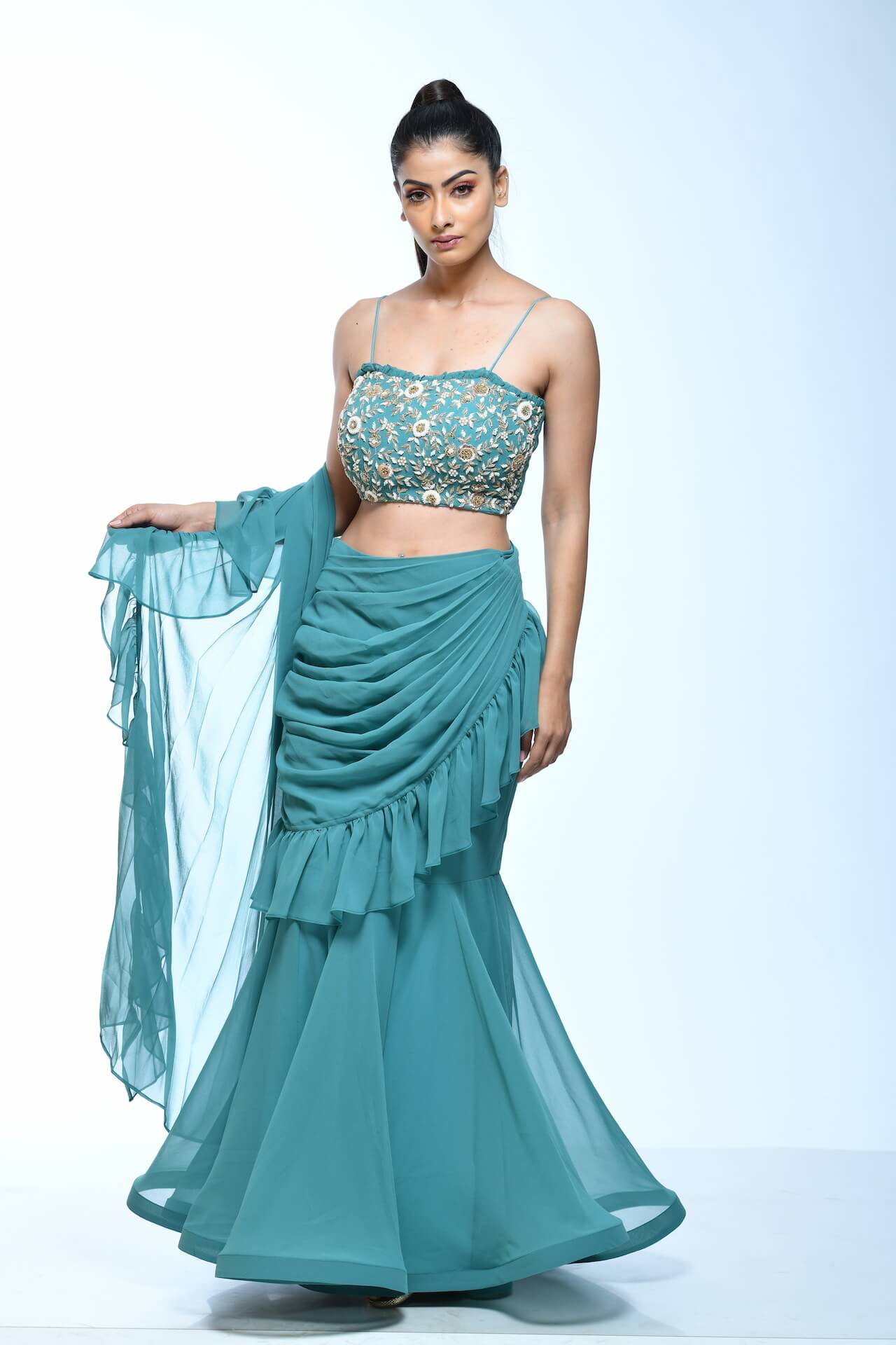 Teal Draped Saree With Embellished Blouse - kylee