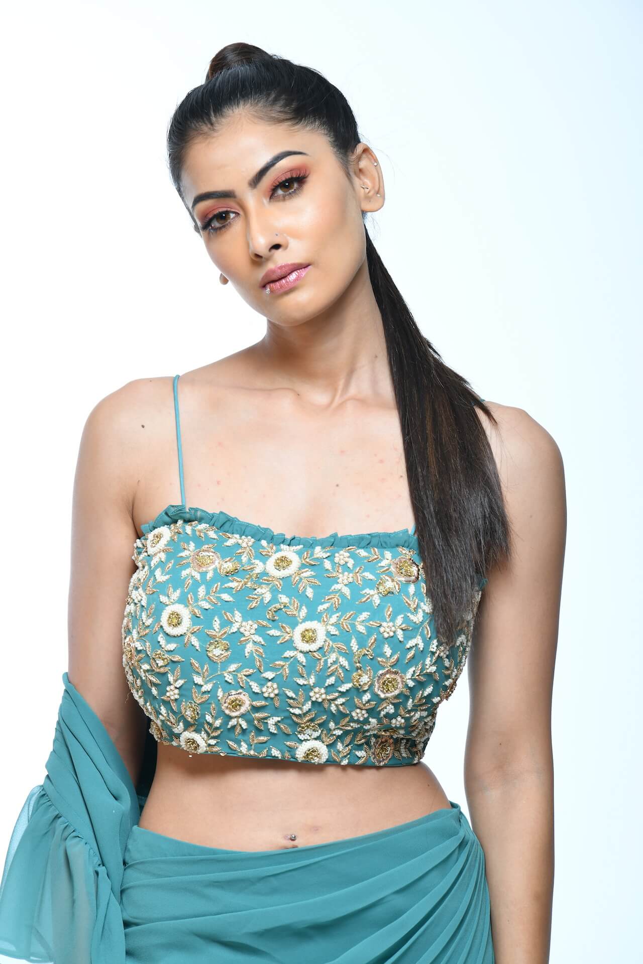 Teal Draped Saree With Embellished Blouse - kylee