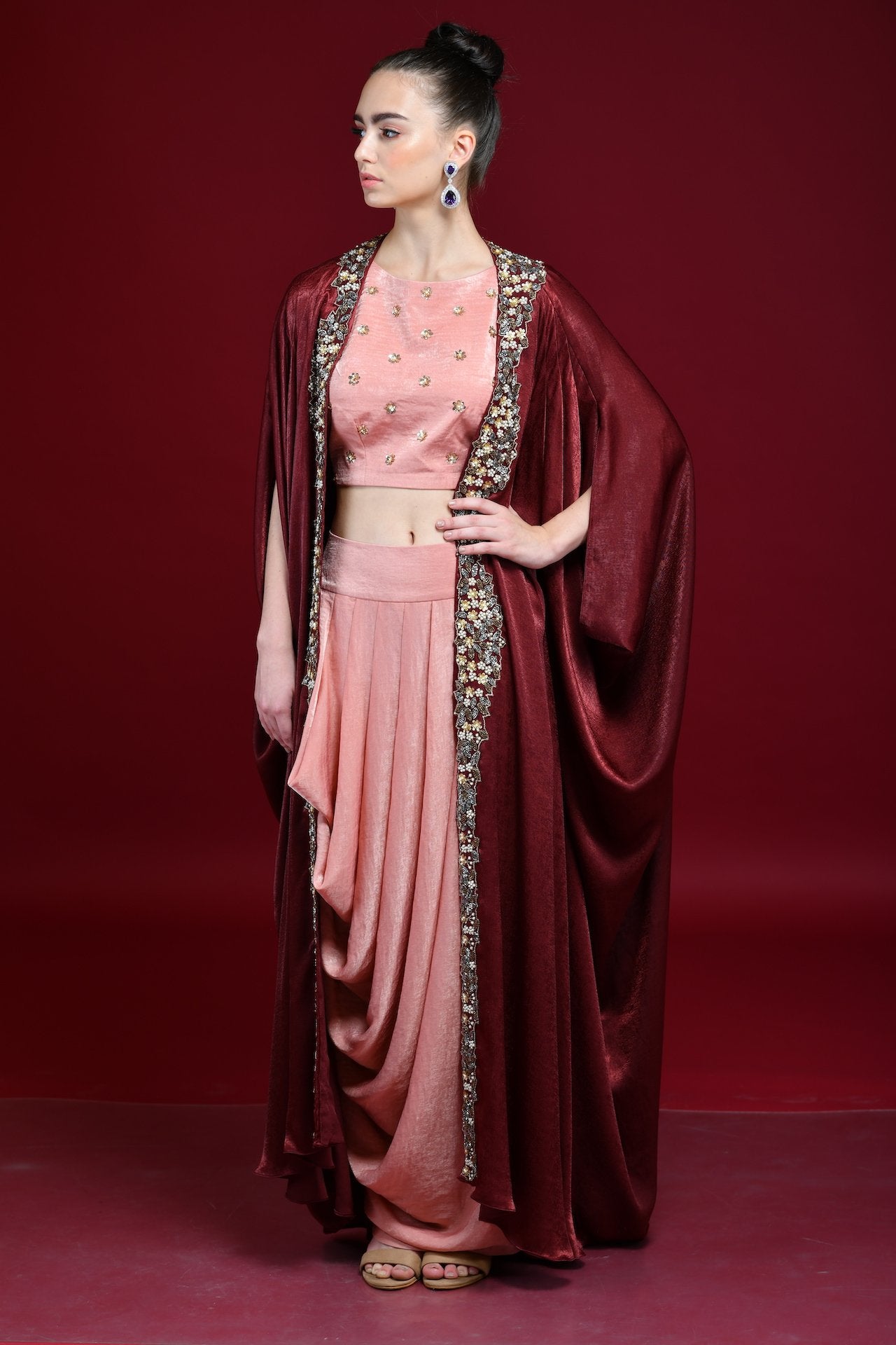 Maroon And Peach Drape Skirt, Crop-Top And Cape Set - kylee