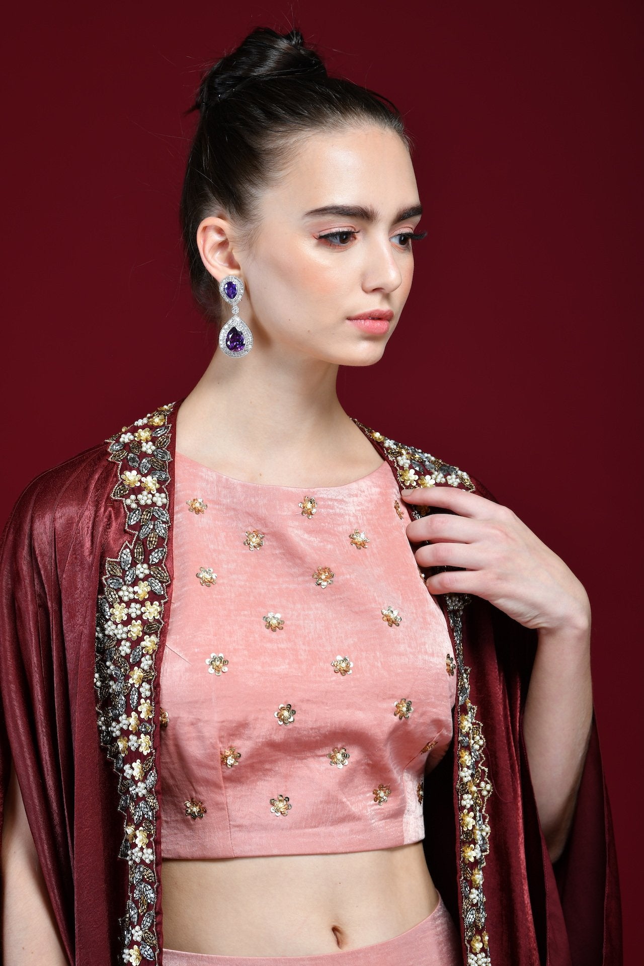 Maroon And Peach Drape Skirt, Crop-Top And Cape Set - kylee