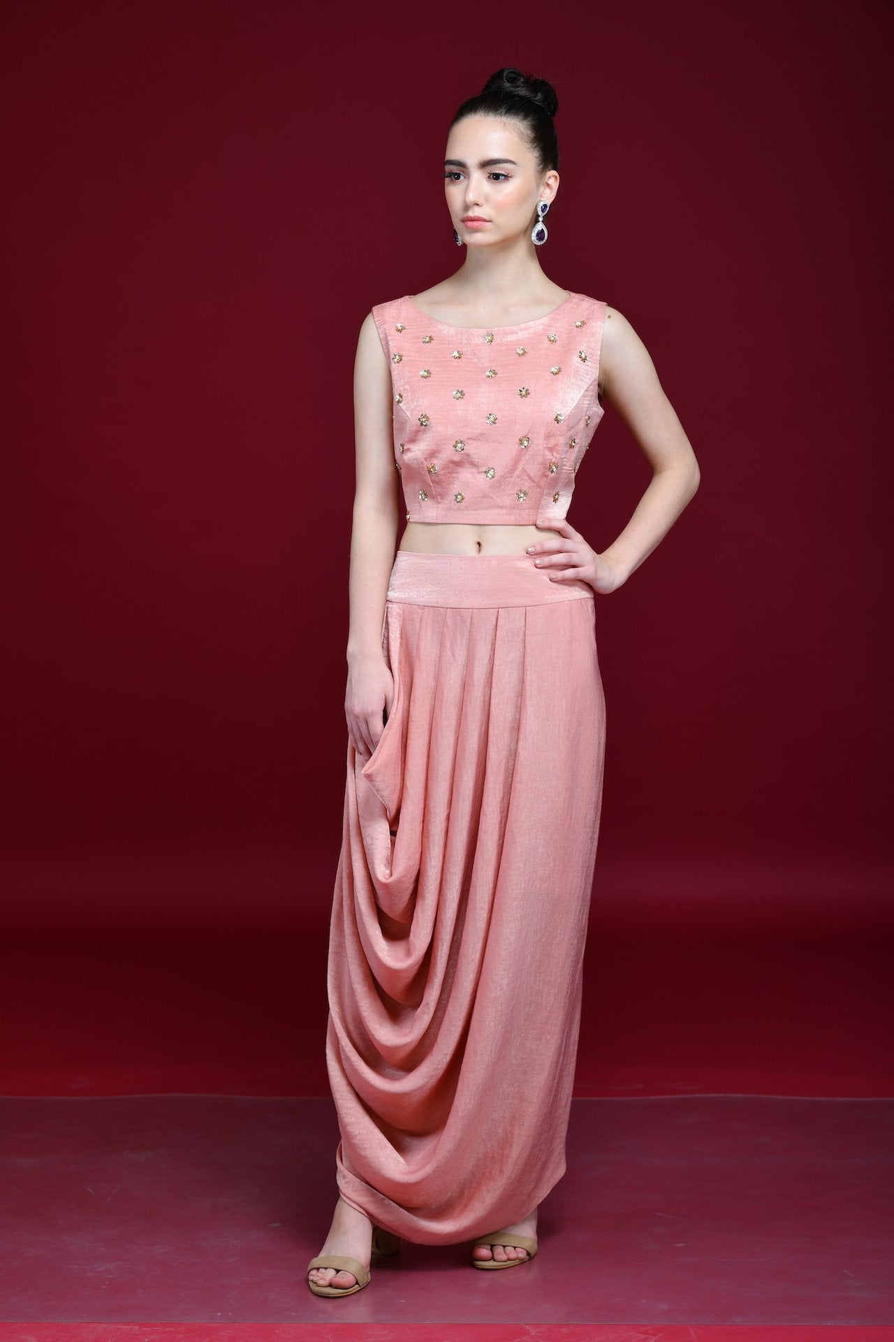 Maroon And Peach Drape Skirt, Crop-Top And Cape Set - kylee