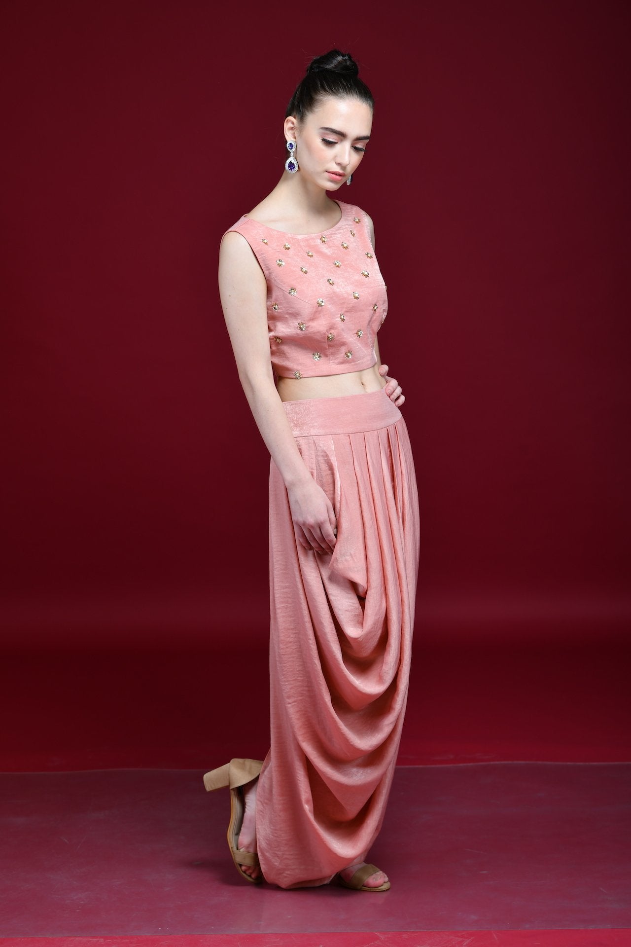 Maroon And Peach Drape Skirt, Crop-Top And Cape Set - kylee