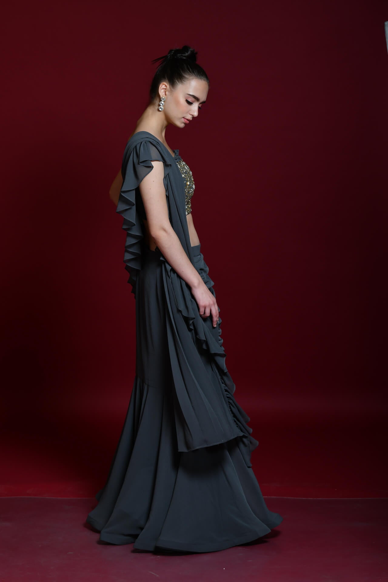 Slate Grey Draped Saree With Embellished Blouse - kylee