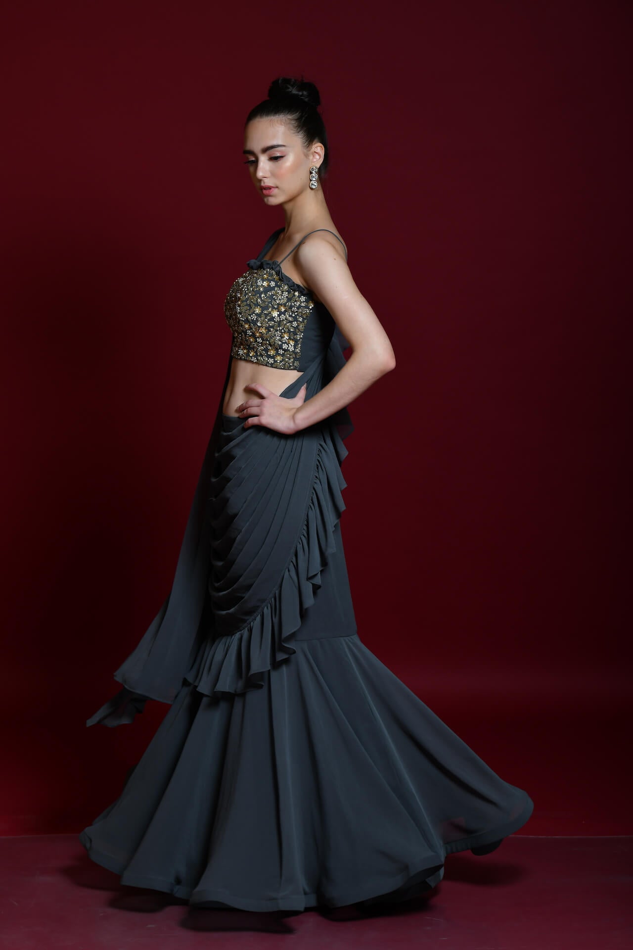 Slate Grey Draped Saree With Embellished Blouse - kylee