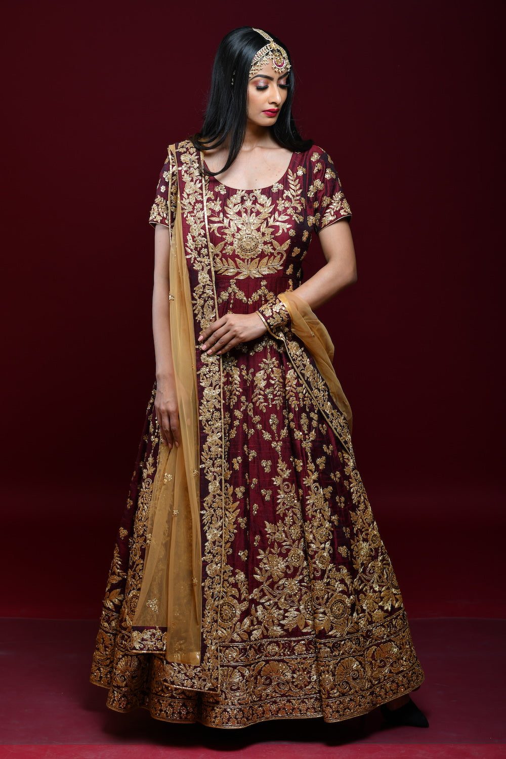 Maroon and Gold Floral Embroidered Anarkali Set - kylee