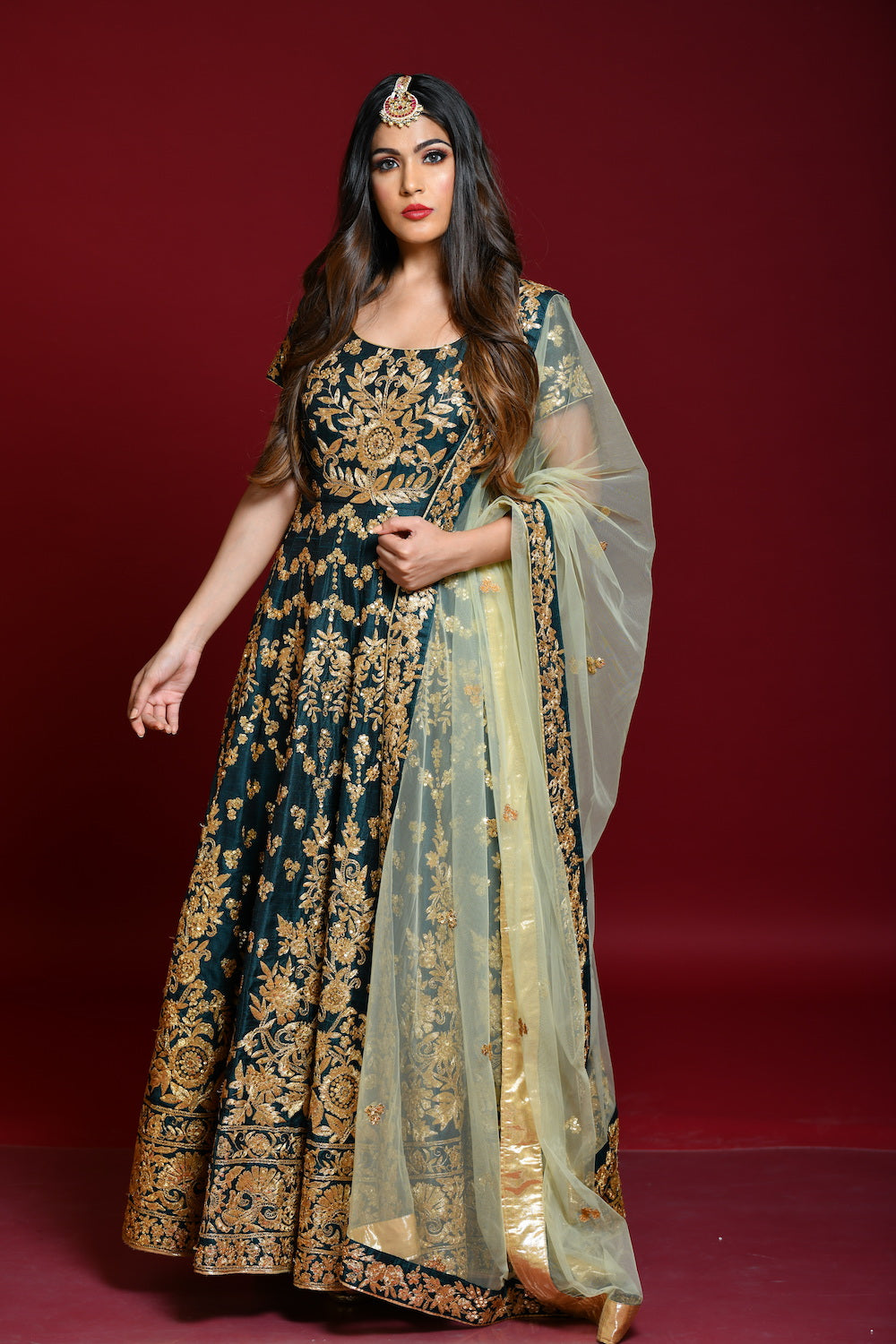 Bottle Green Embroidered Anarkali Set - kylee