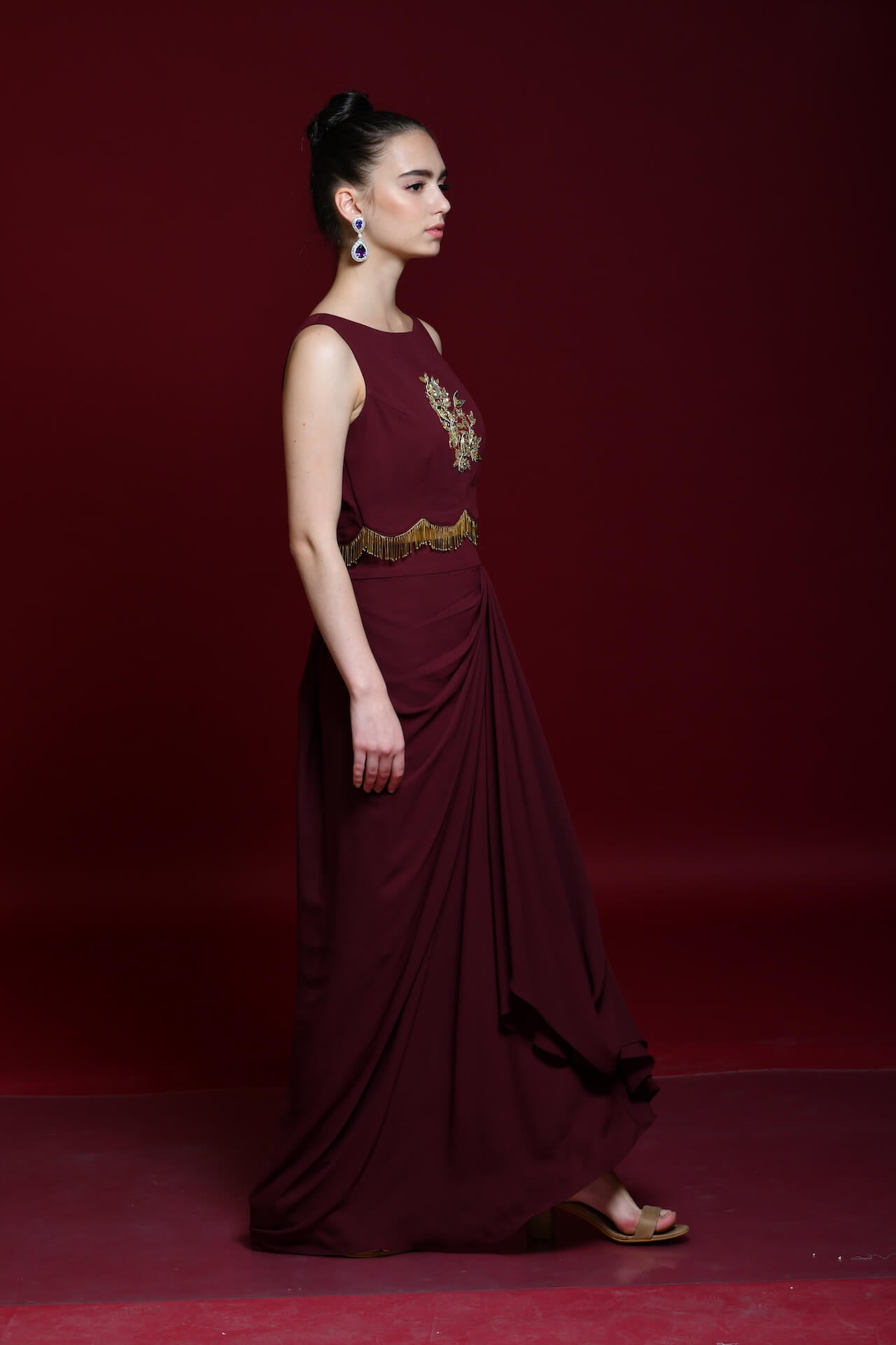 Maroon Satin Drape Skirt And Crop-Top - kylee