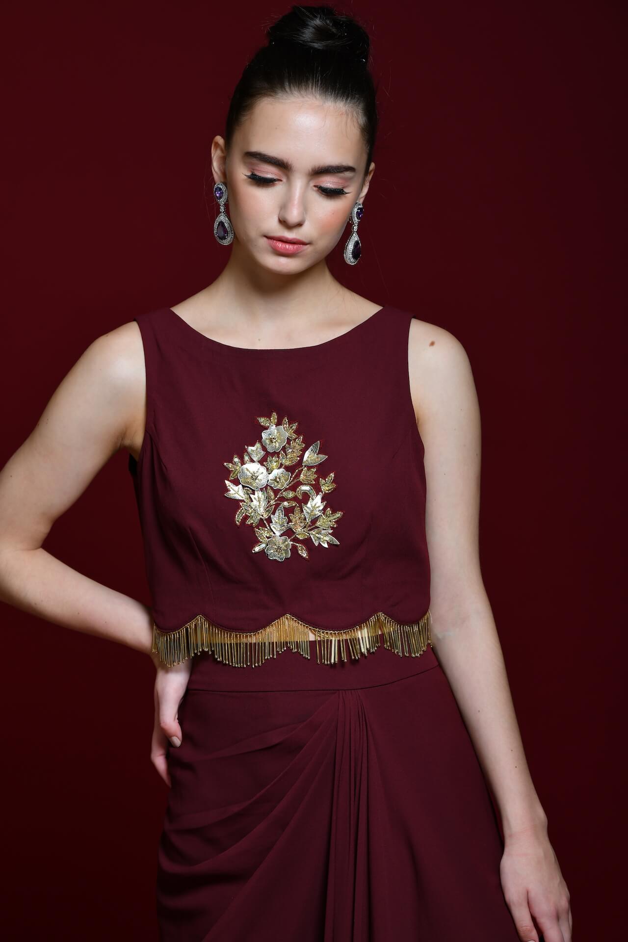 Maroon Satin Drape Skirt And Crop-Top - kylee