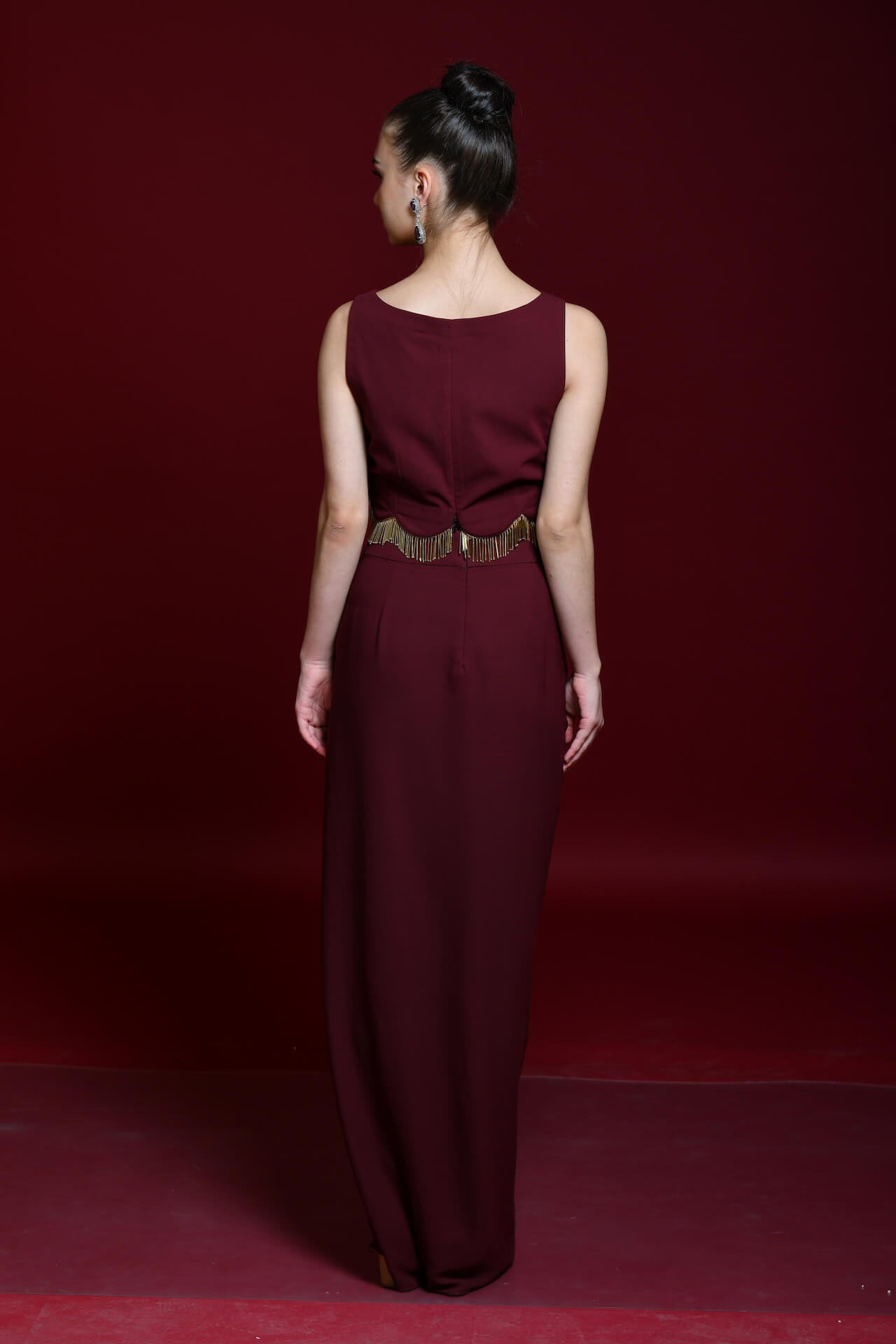 Maroon Satin Drape Skirt And Crop-Top - kylee
