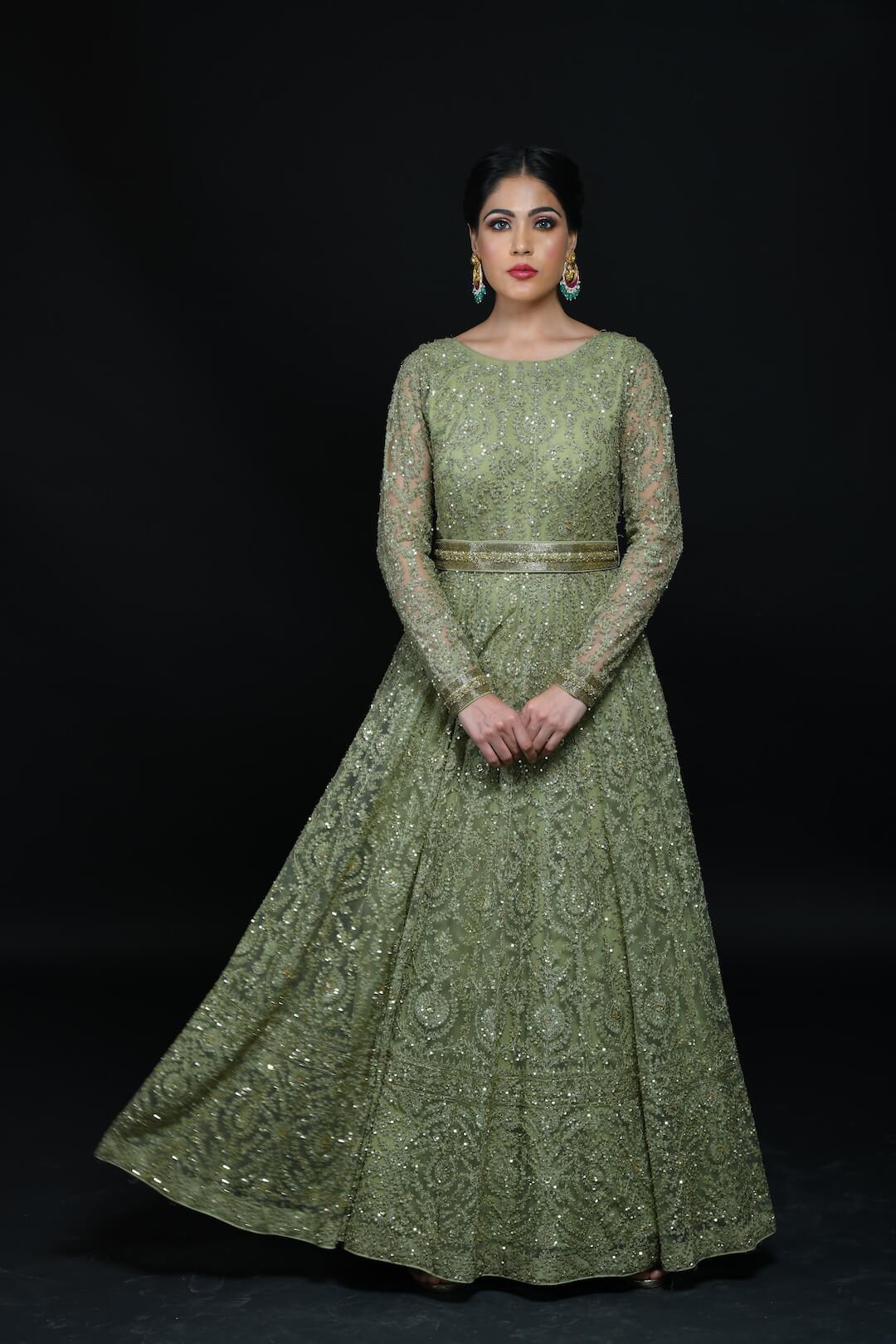Olive Green Hand Aari Work Embroidered Gown - kylee