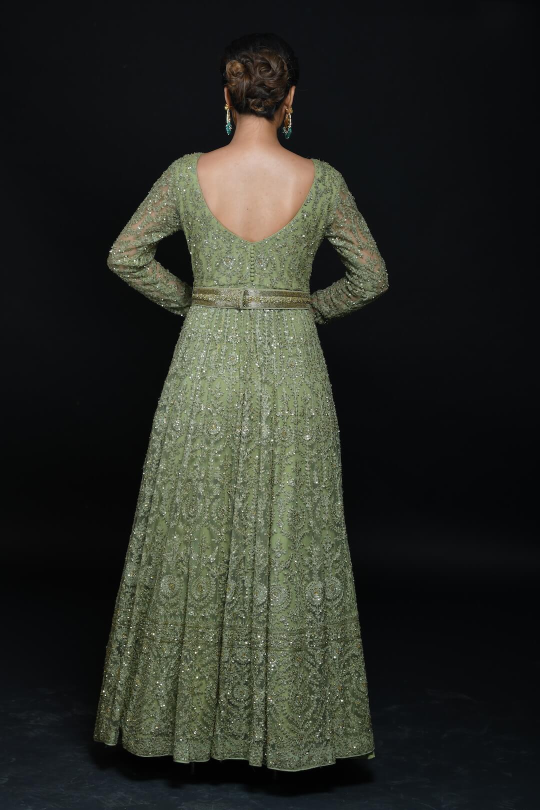 Olive Green Hand Aari Work Embroidered Gown - kylee