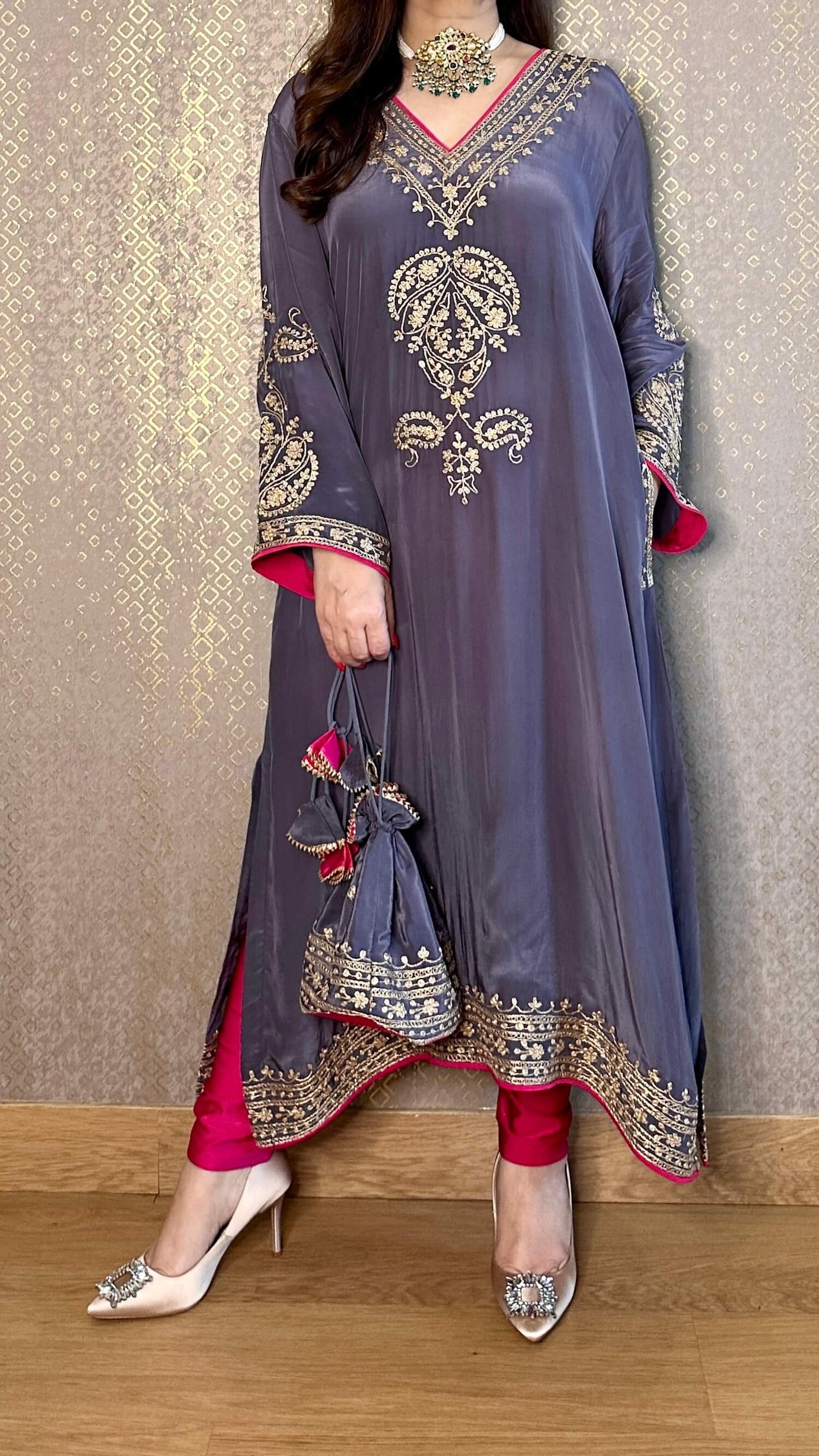 Grey Crepe Kashmiri-Phiran Kurta with Churidar and Matching Potli