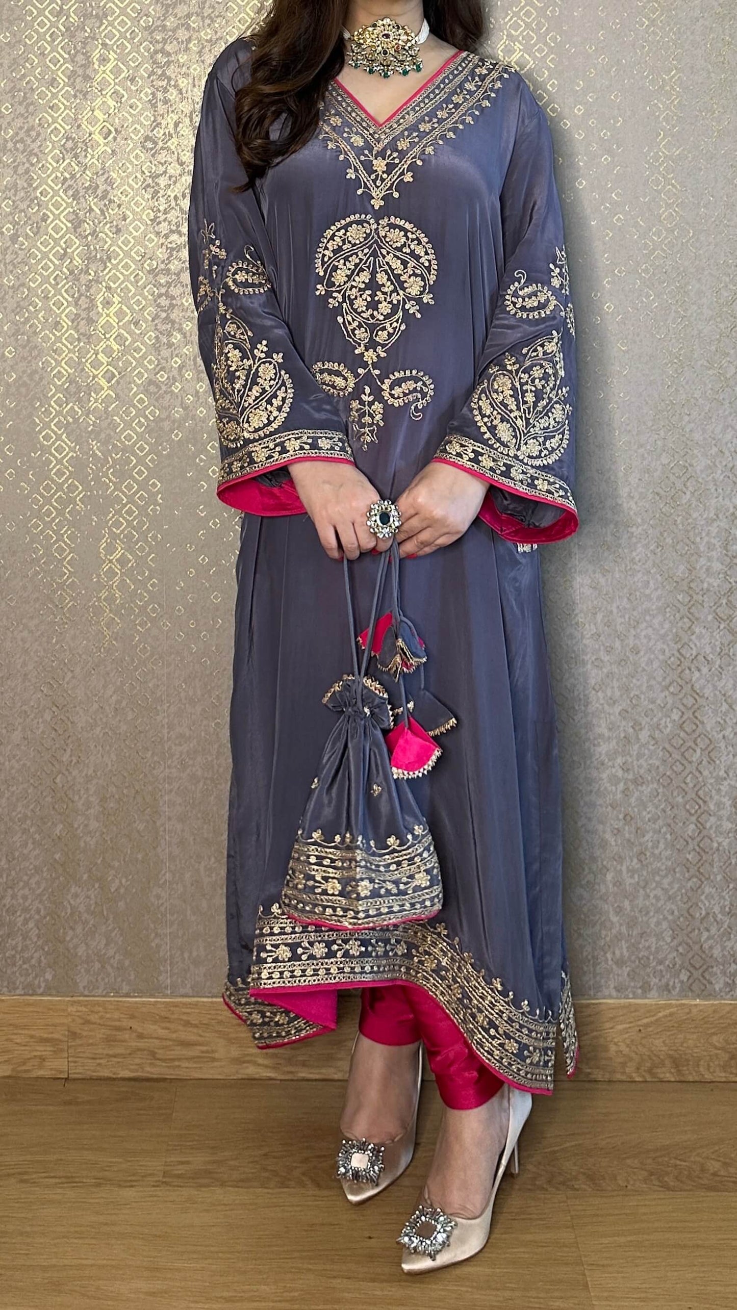 Grey Crepe Kashmiri-Phiran Kurta with Churidar and Matching Potli