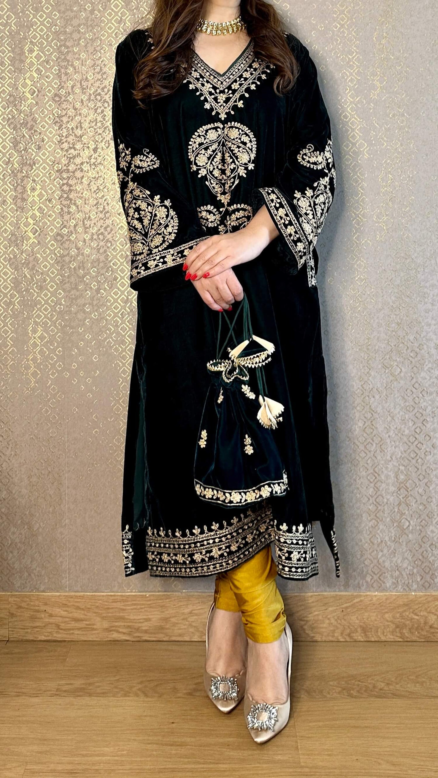 Deep Bottle Green Velvet Kashmiri-Phiran Kurta with Churidar and Matching Potli