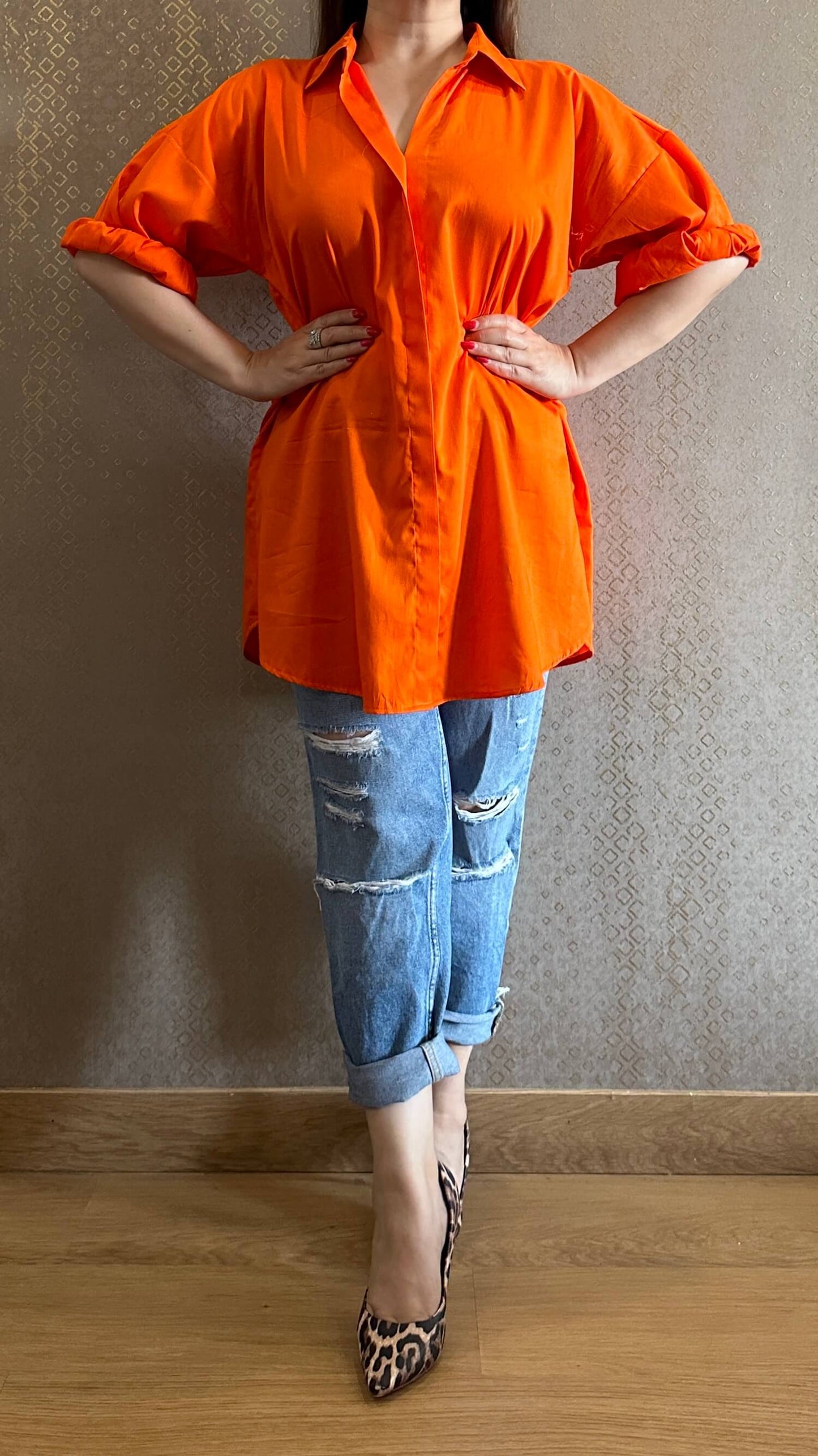 Tangy Orange Oversized Cotton Shirt