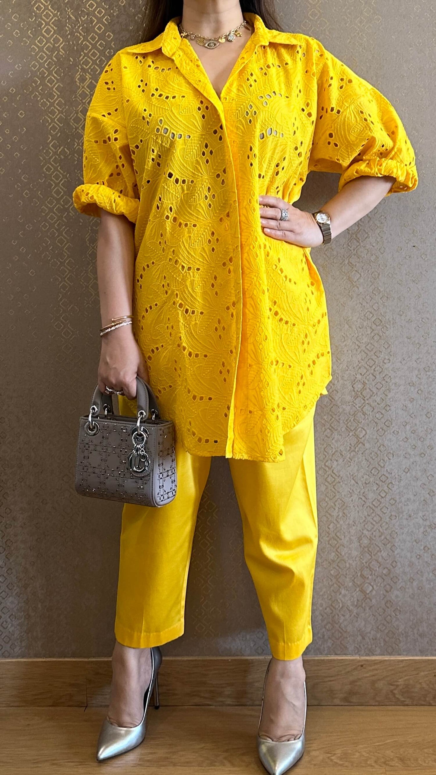 Lemony Yellow Cotton Chikankari Co-ord Set with Belt