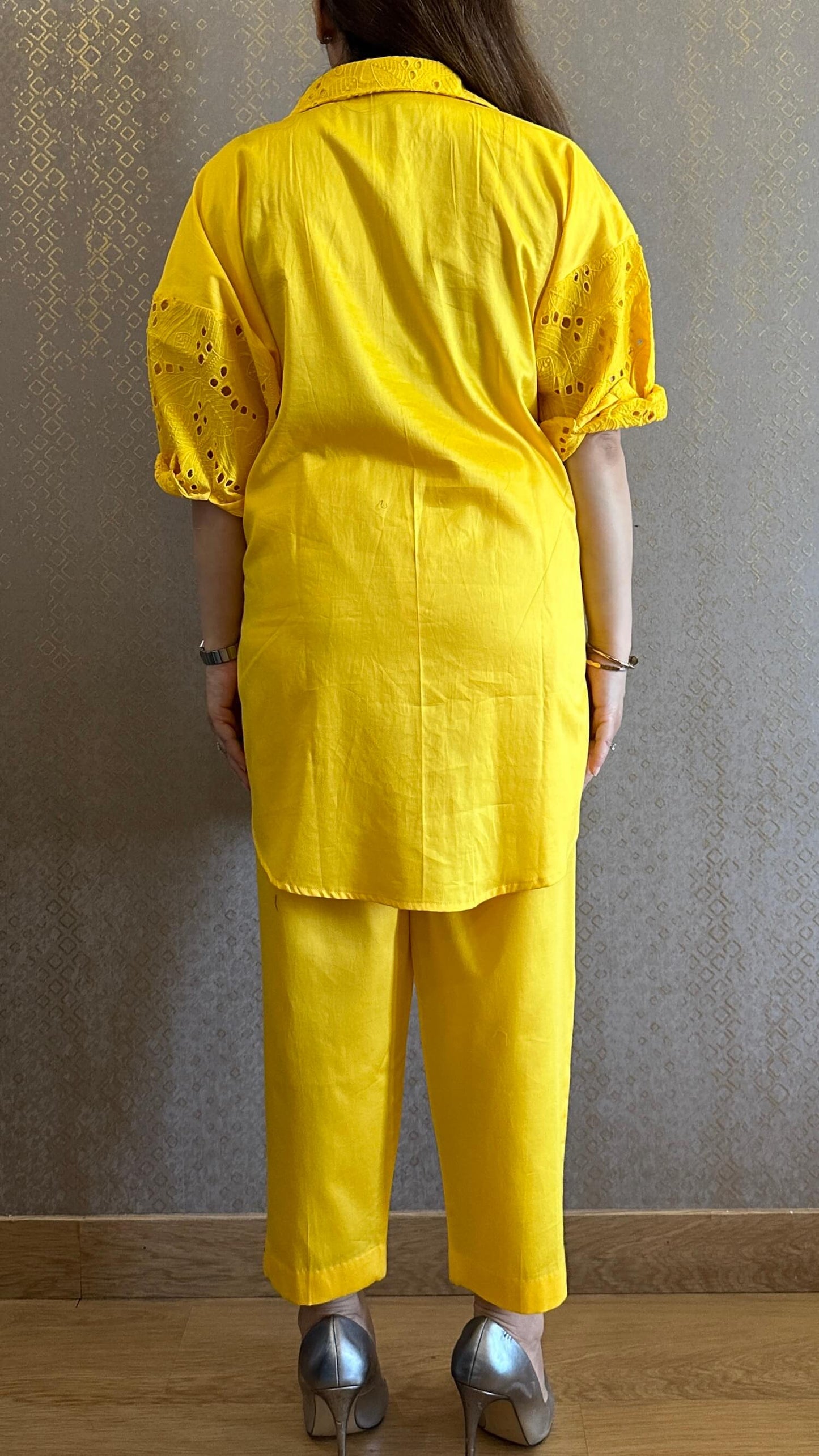 Lemony Yellow Cotton Chikankari Co-ord Set with Belt