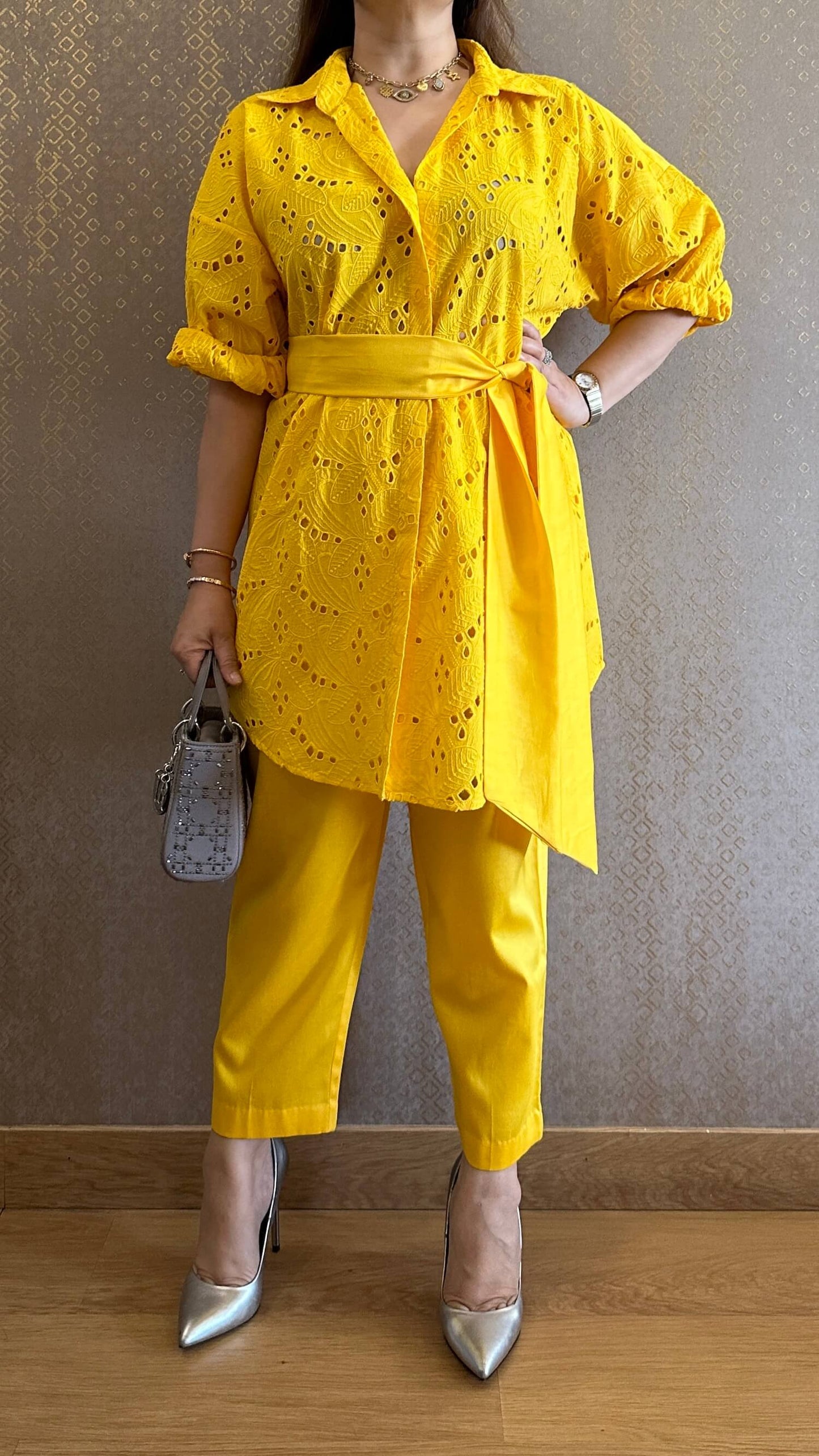 Lemony Yellow Cotton Chikankari Co-ord Set with Belt