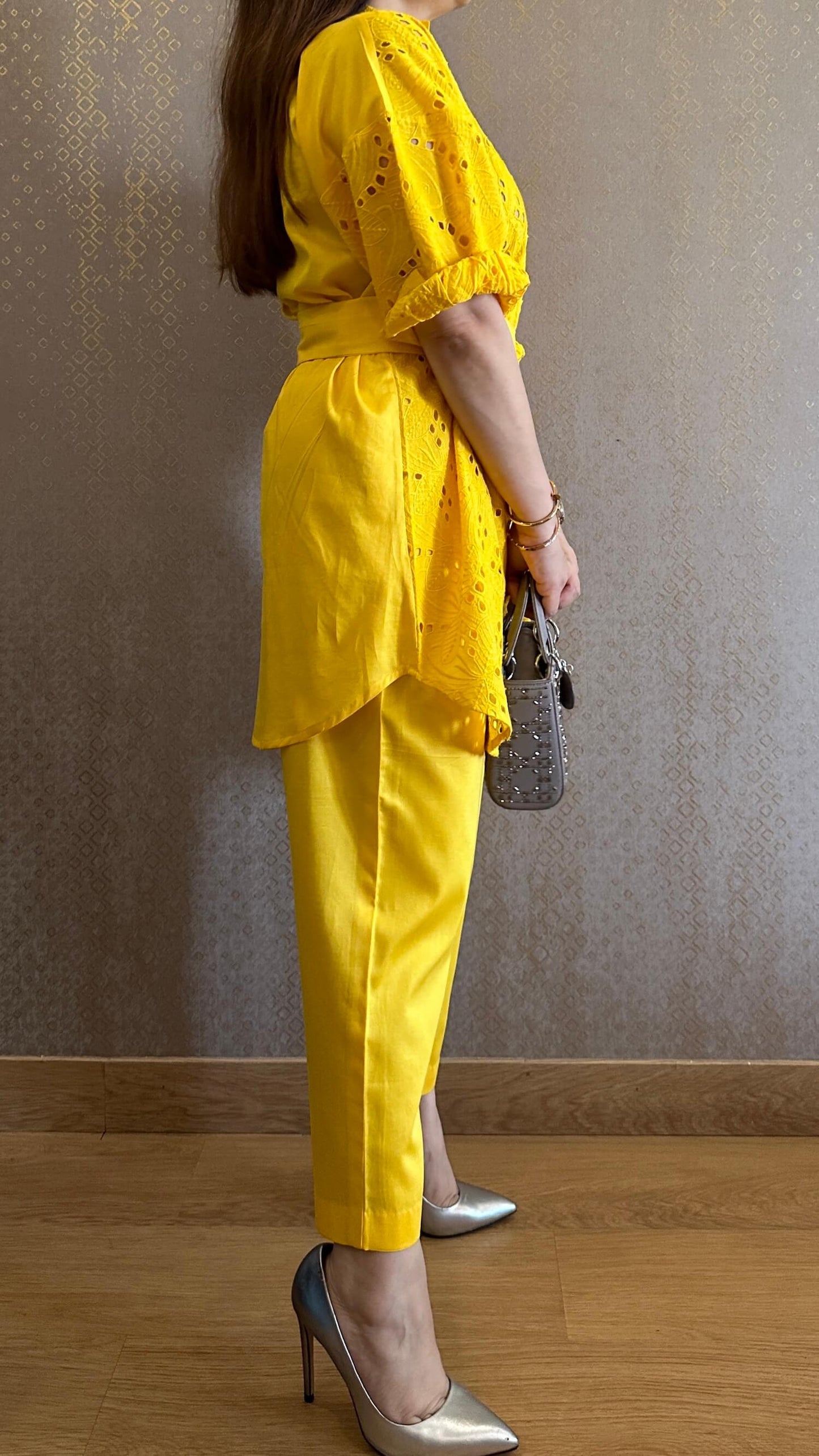 Lemony Yellow Cotton Chikankari Co-ord Set with Belt