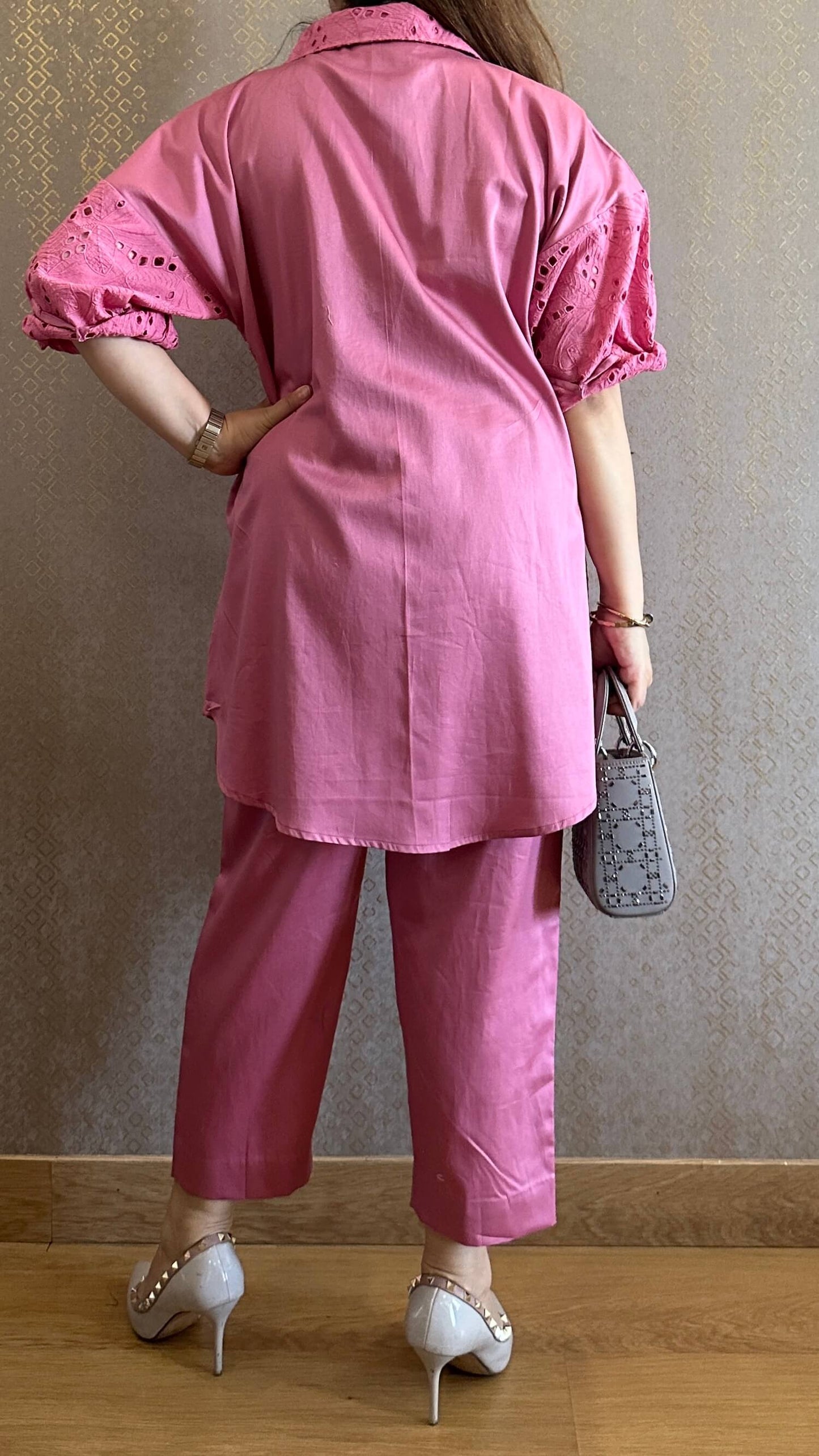 Pink Cotton Chikankari Co-ord Set with Belt