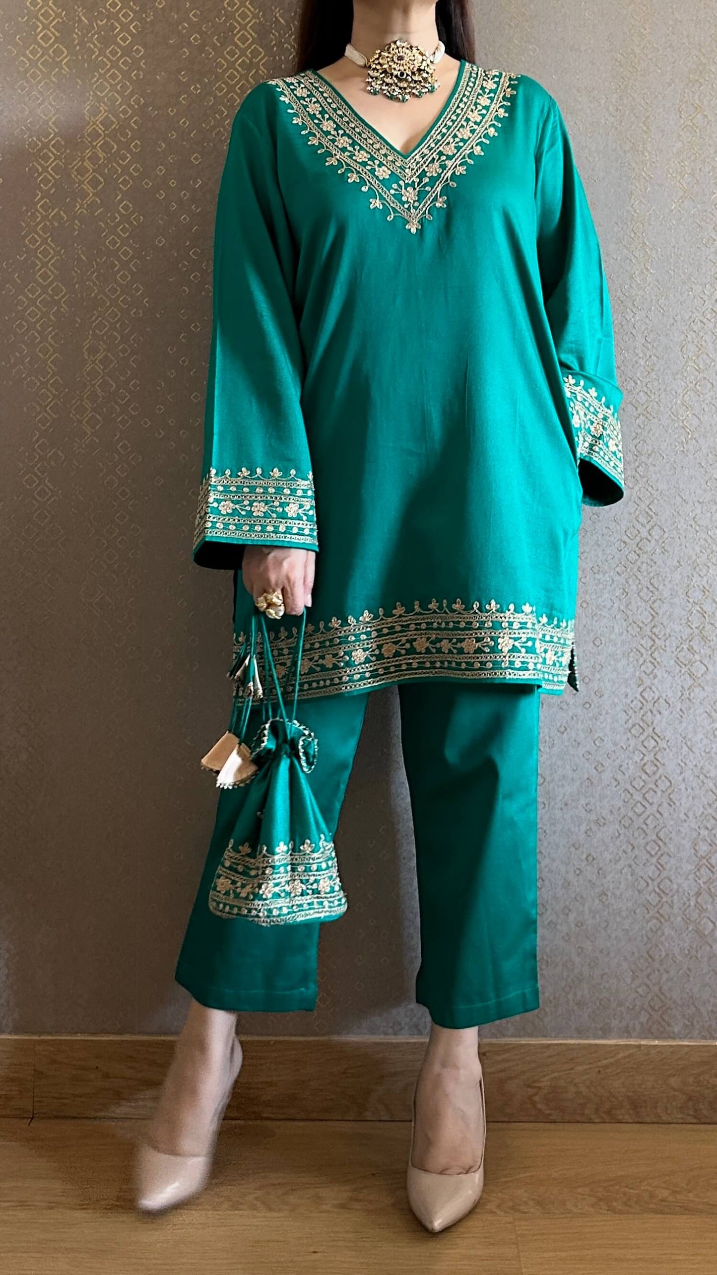 Jade Green Cotton Embroidered Kashmiri Co-ord Set