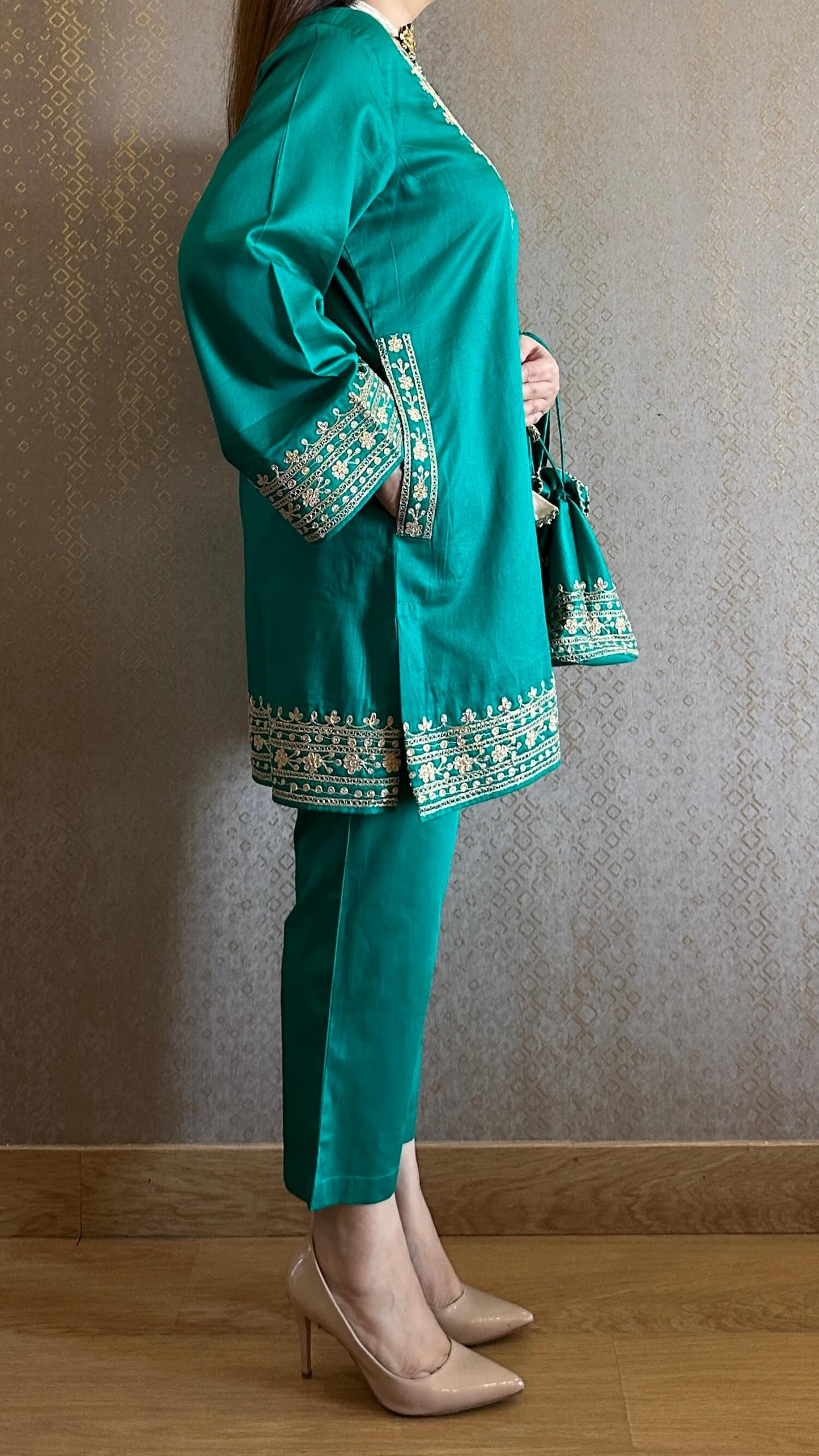 Jade Green Cotton Embroidered Kashmiri Co-ord Set