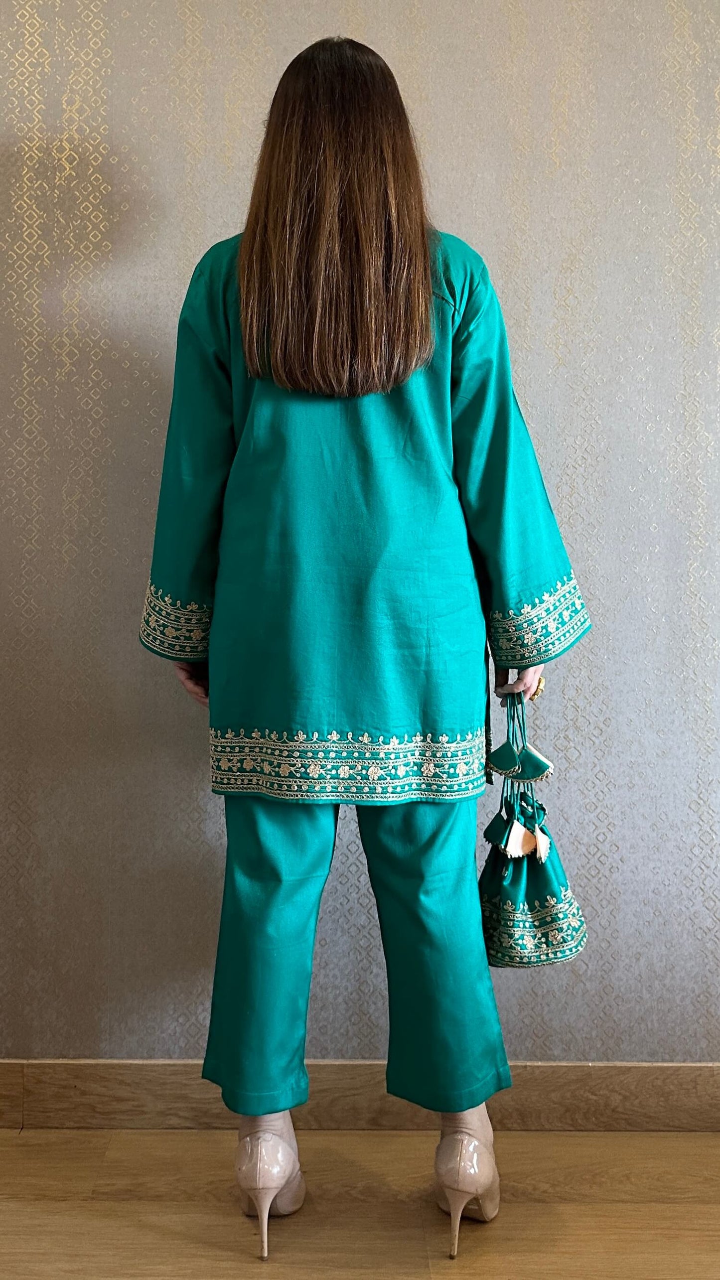 Jade Green Cotton Embroidered Kashmiri Co-ord Set