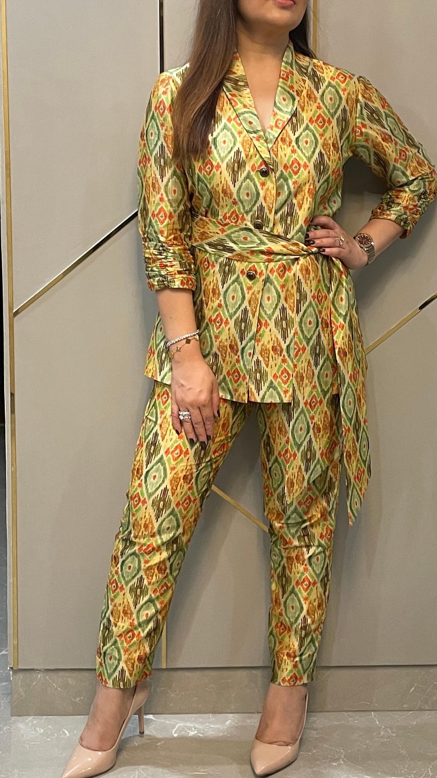 Pistachio Green Silk Ikat Blazer Suit