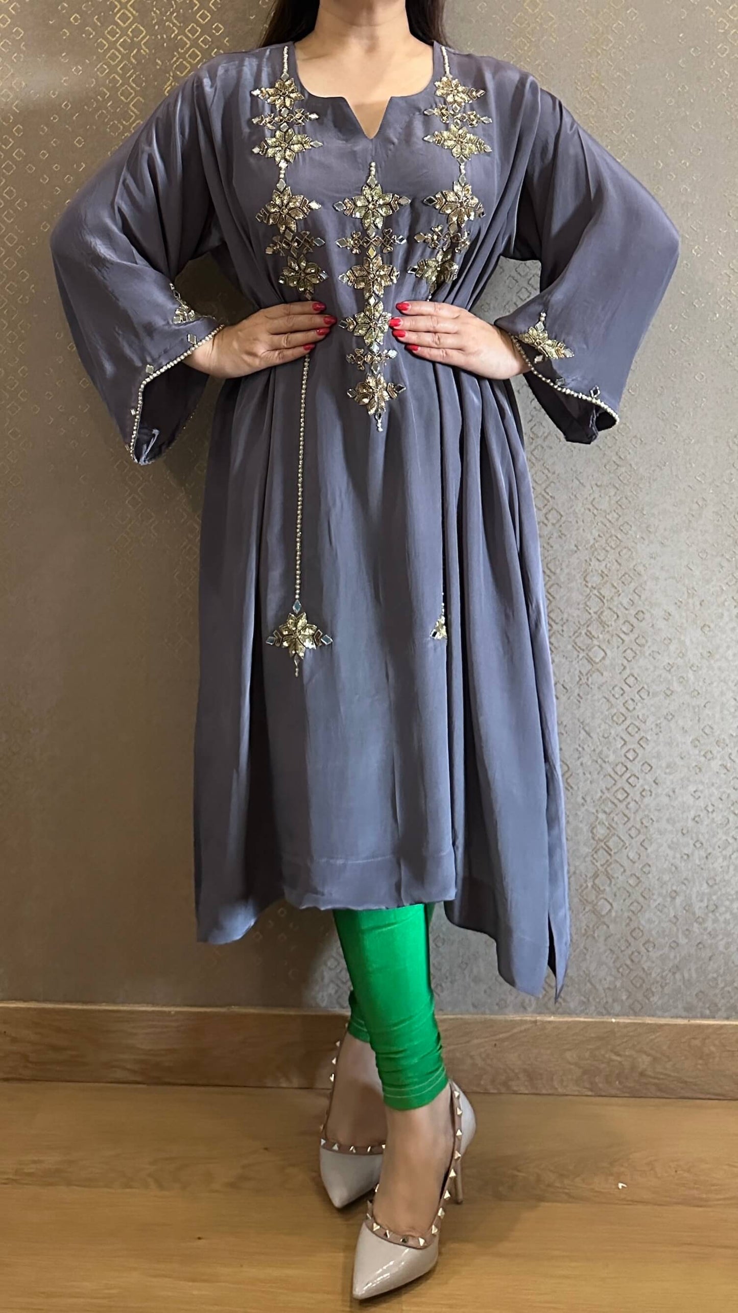 Grey Hand-Embroidered Phiran Kurta with Churidar