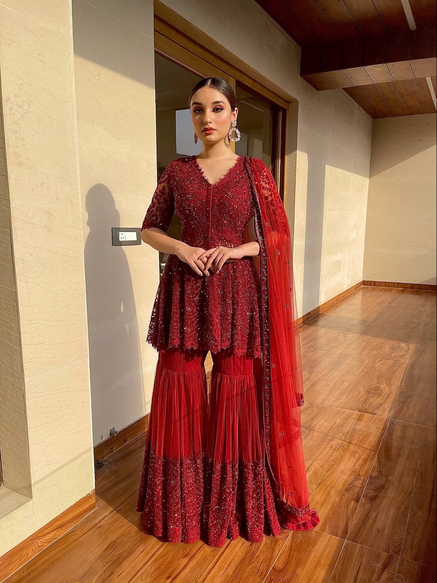 Reddish Maroon Peplum Gharara Set - kylee