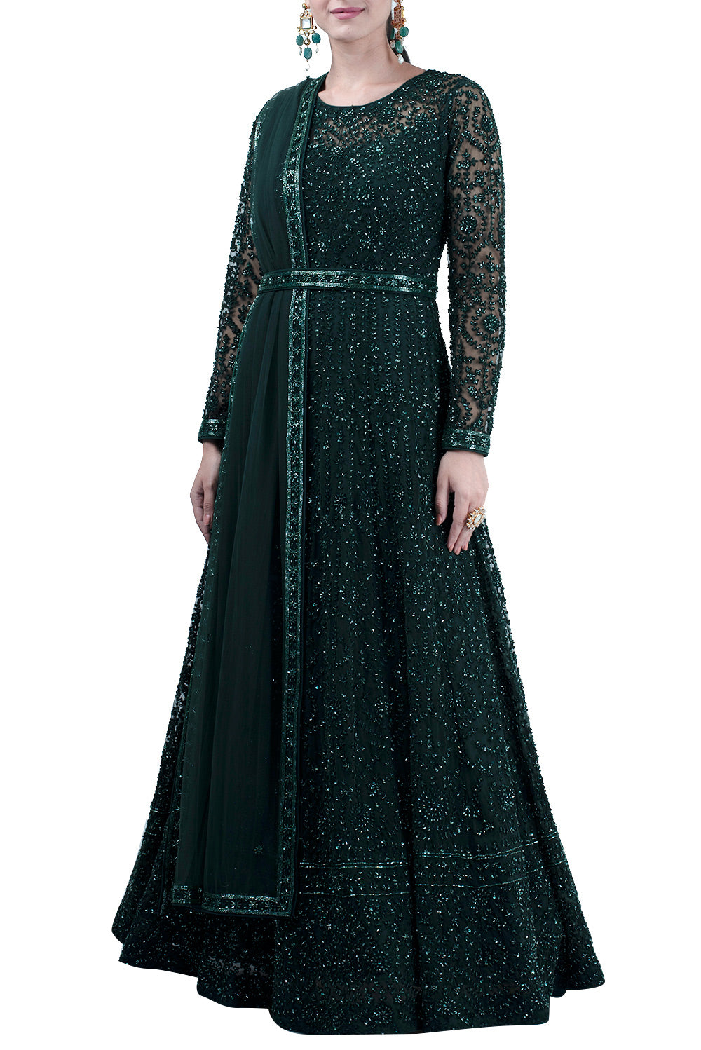 Bottle Green Hand Aari Work Embroidered Gown - kylee