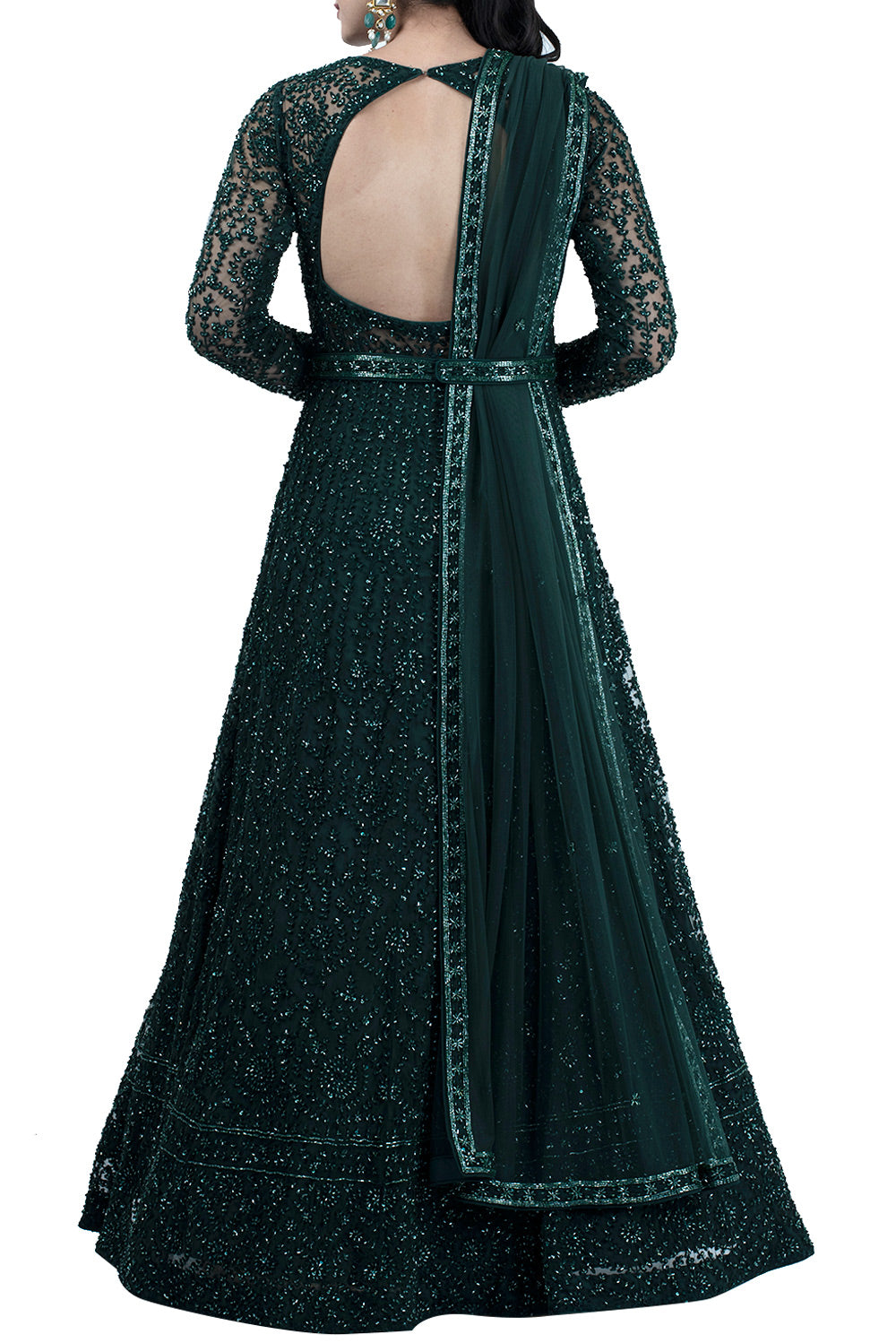 Bottle Green Hand Aari Work Embroidered Gown - kylee