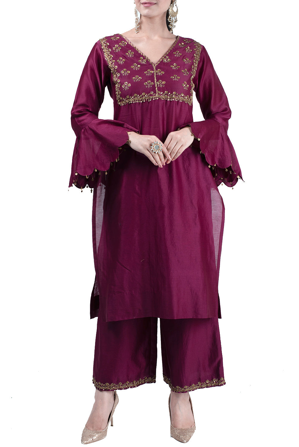 Wine embroidered kurta with pants - kylee
