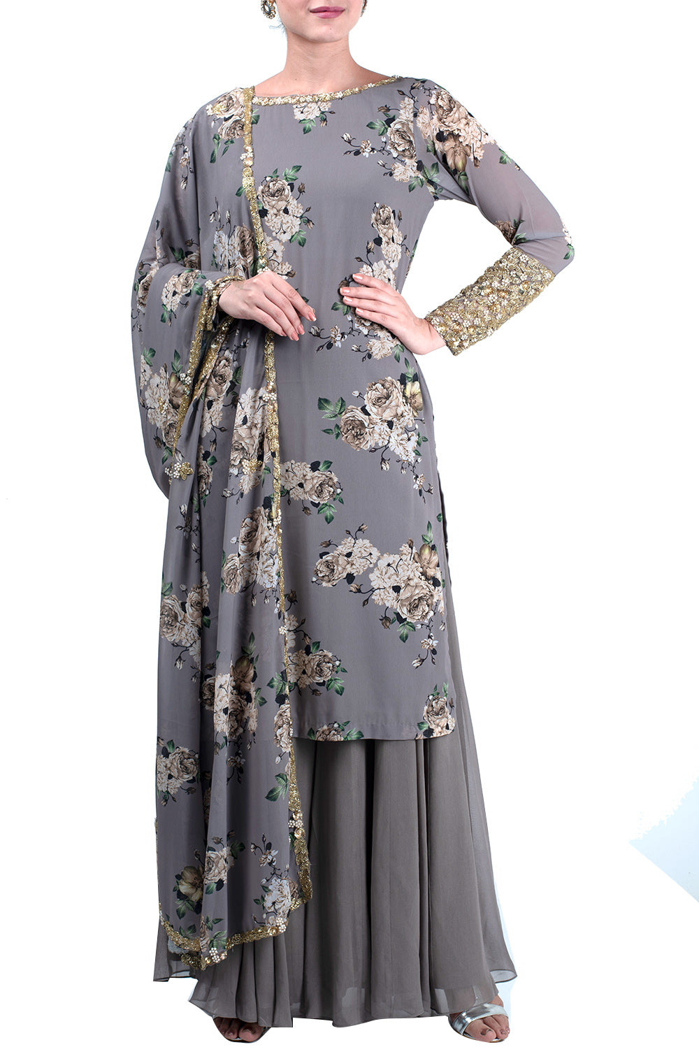 Ash grey embroidered suit and sharara set - kylee