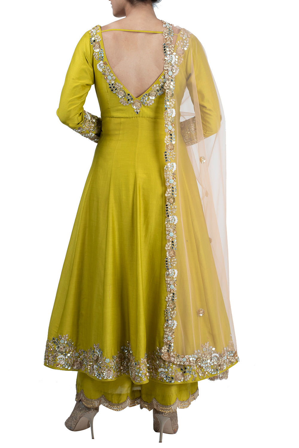 Ochre yellow hand embroidered anarkali suit - kylee