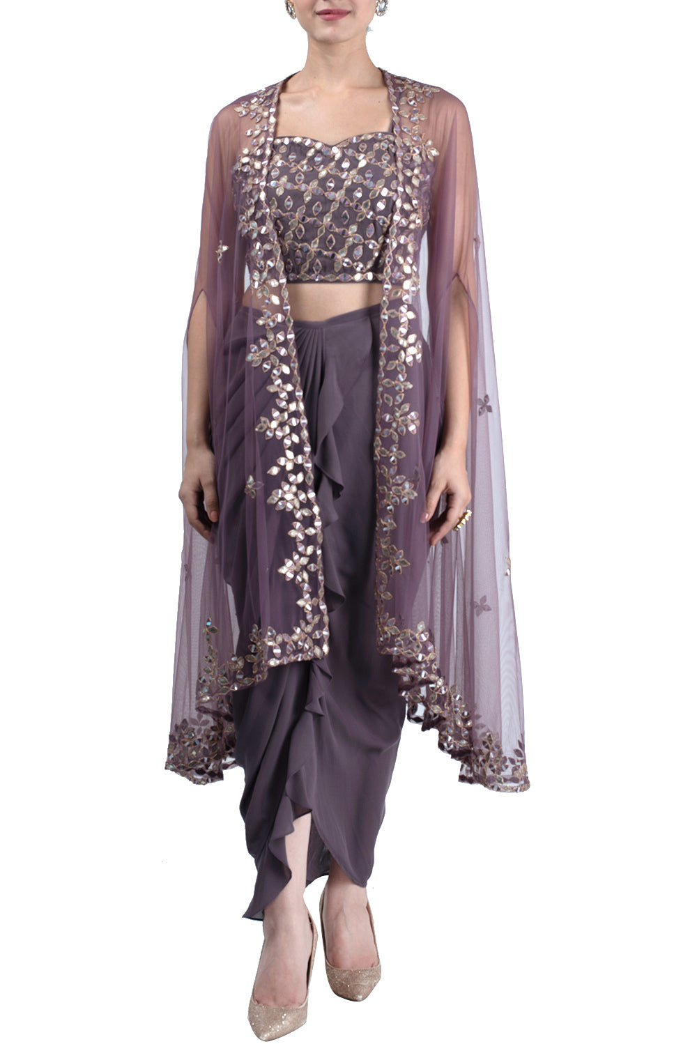 Mauve embroidered cape set - kylee